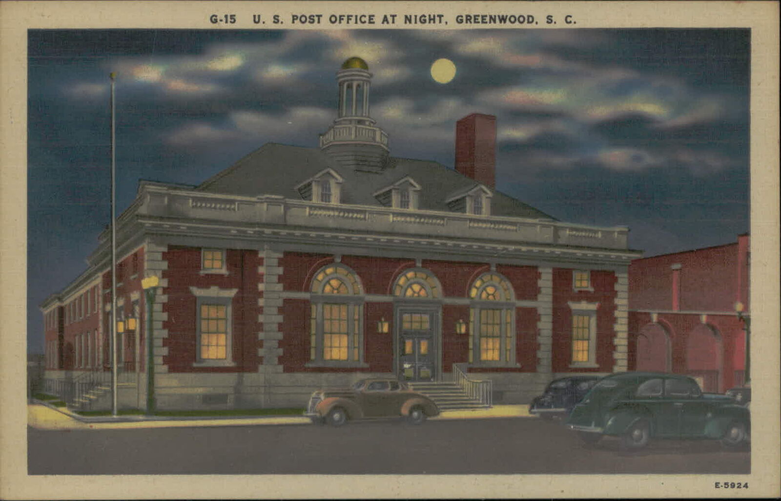 Postcard: G-15 U.S. POST OFFICE AT NIGHT, GREENWOOD, S. C. E-5924