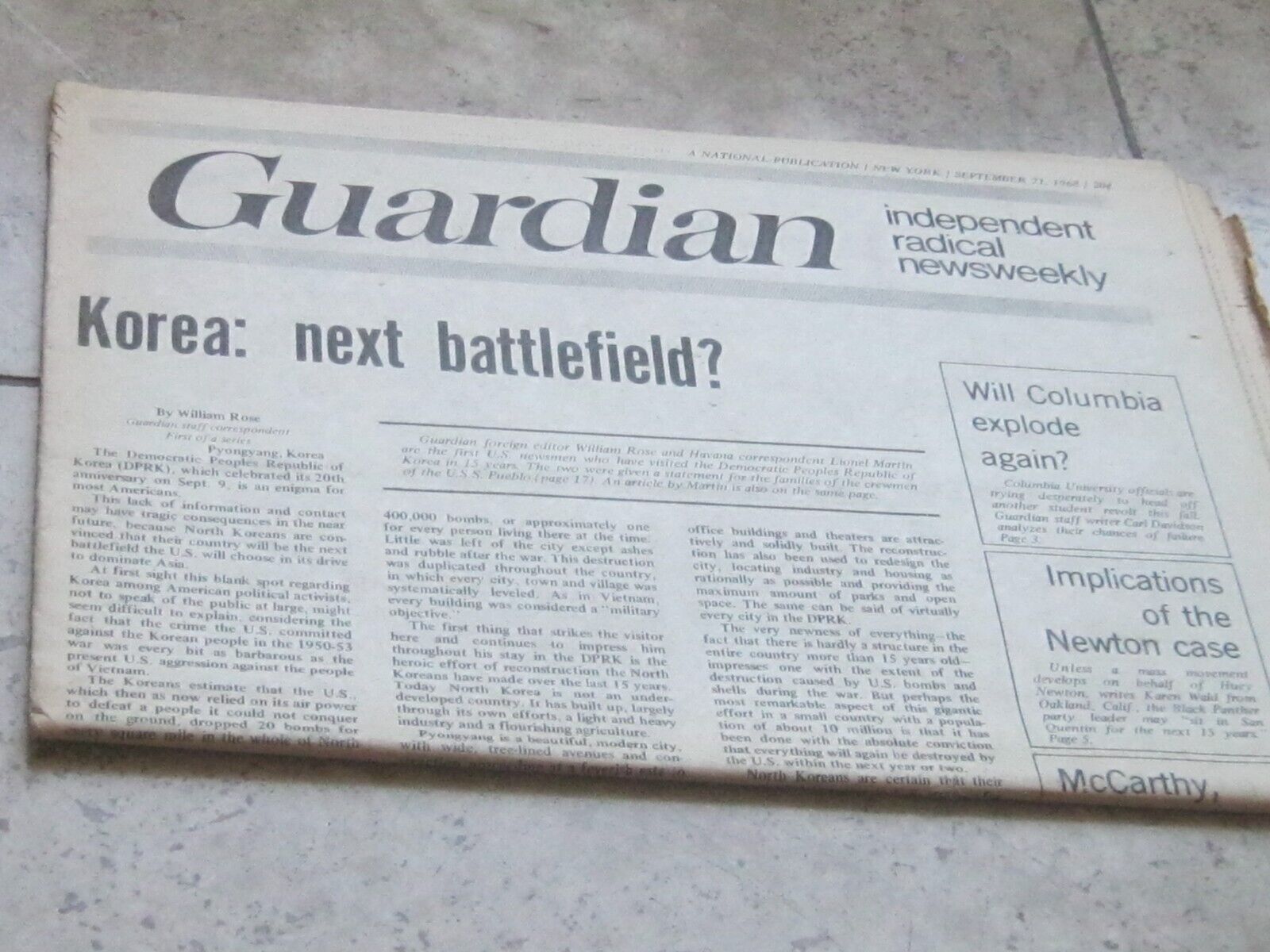 THE GUARDIAN: Independent Radical Newsweekly. Sept. 21, 1968. Korea, Huey Newton