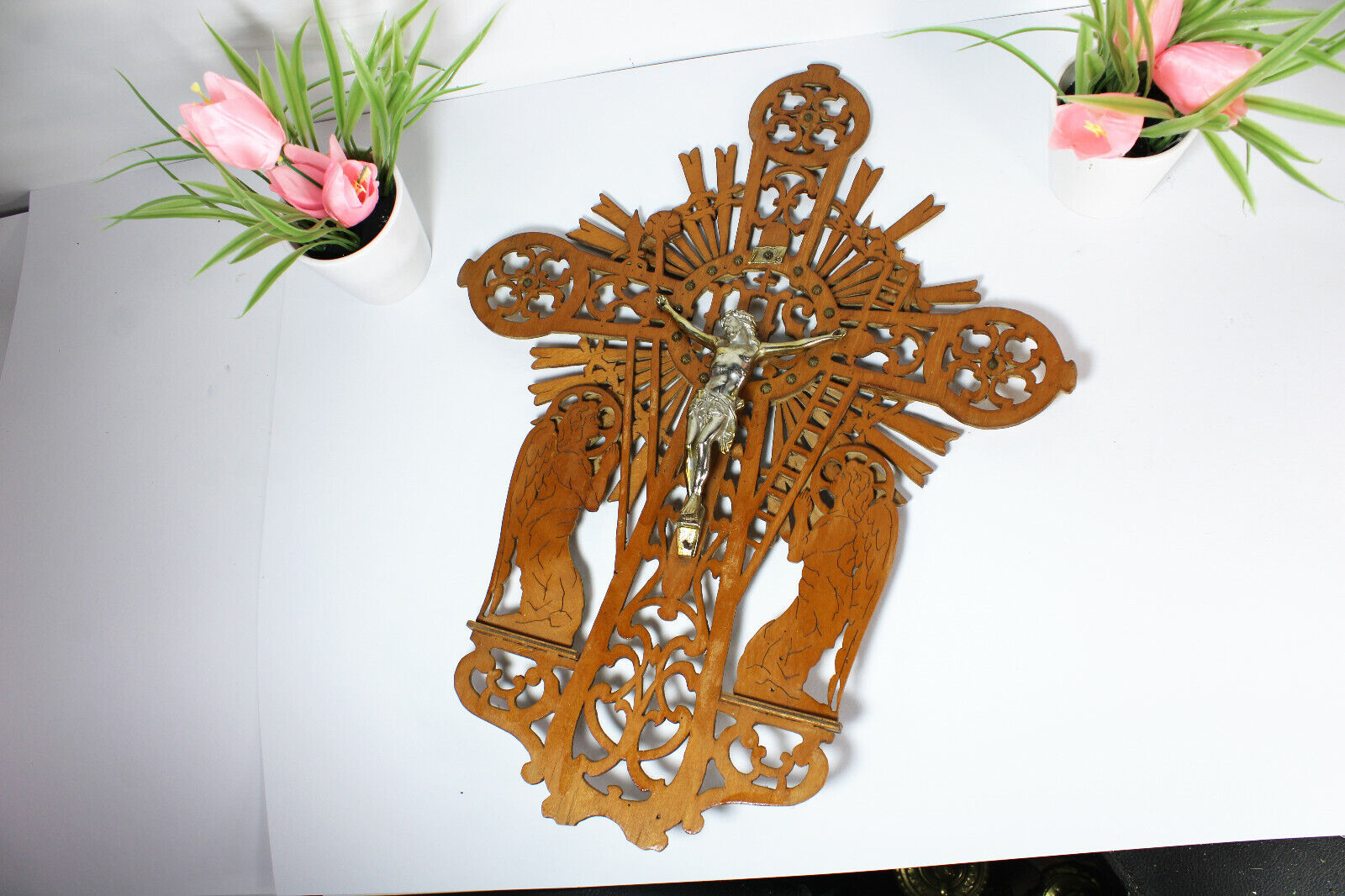 Vintage 1950 French wood cut crucifix archangel figurine sunburst religious 