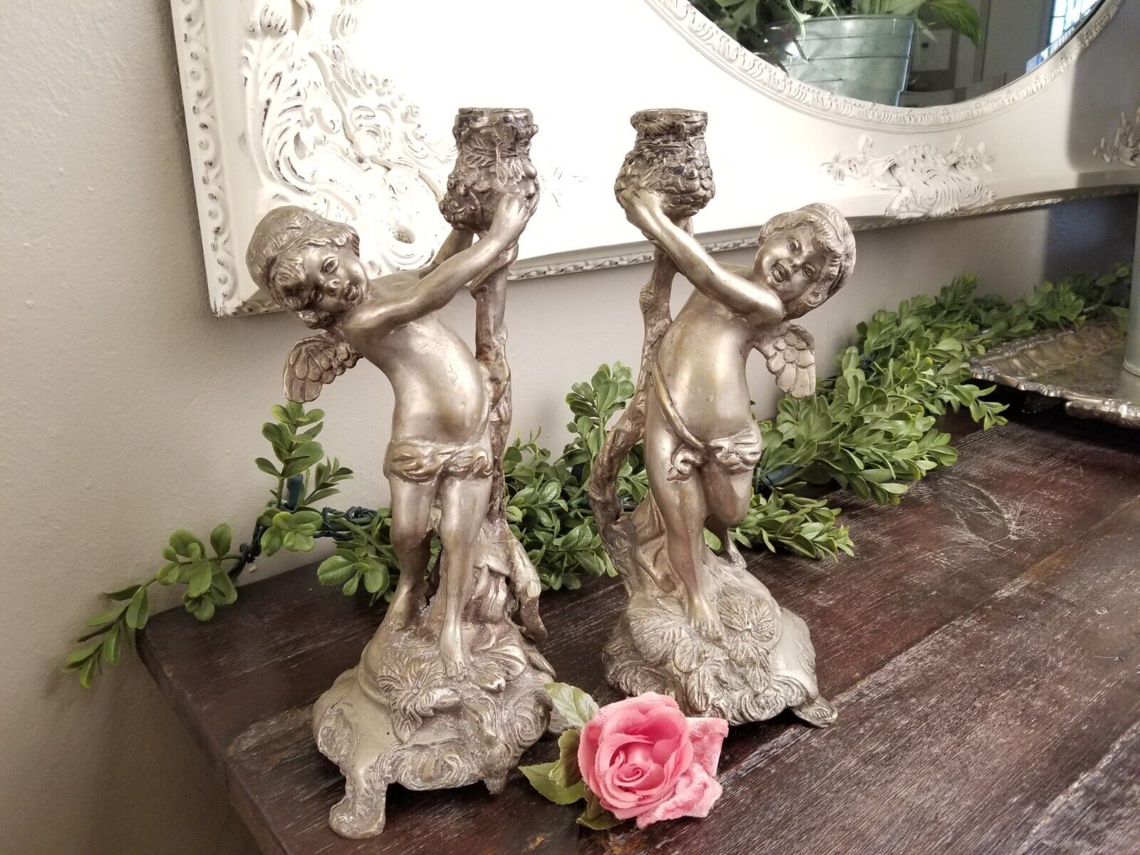 Antique French Pair of Pewter Cherub * Angel * Putti * Candle Holders