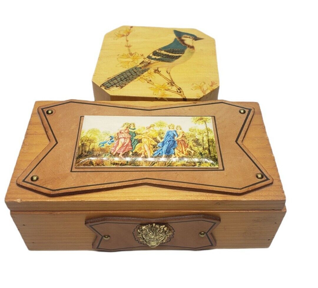 Vintage Wooden Trinket Boxes Hand Pinted Bird, Artwork On Plaque With Lion Head