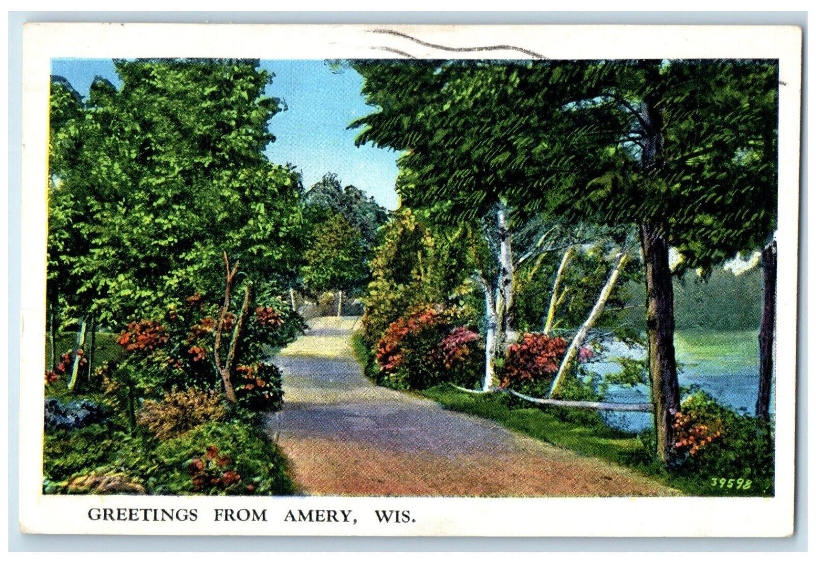 1939 Greetings From Street Road Trees Vintage Lake Amery Wisconsin WI Postcard