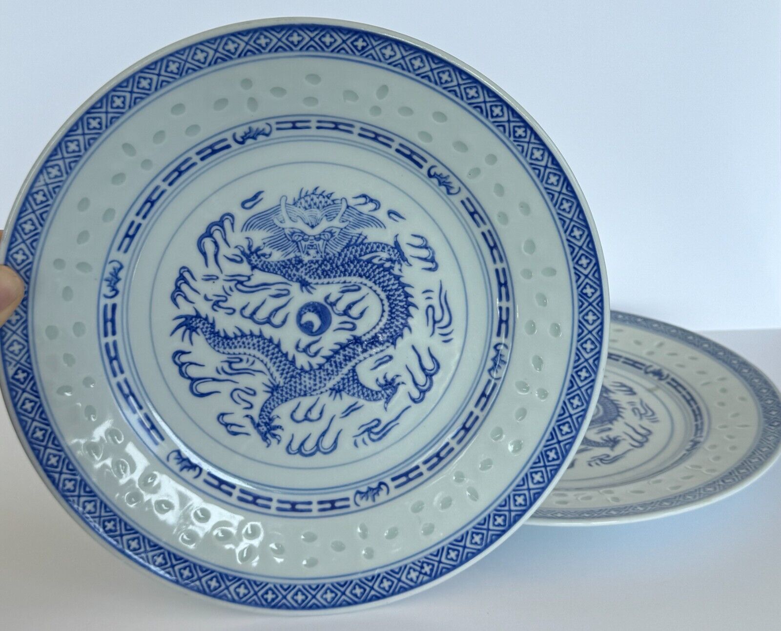 Two (2) VINTAGE Chinese Dragon Plates ~White & Blue~  Rice Pattern 9\