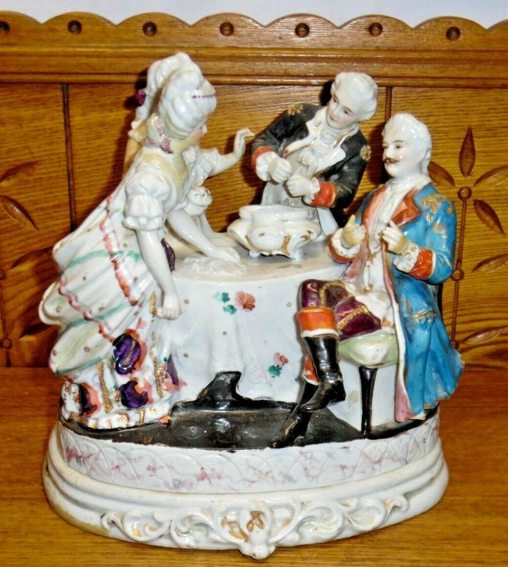 Antique Porcelain Figural Grouping Covered Inkwell Encrier - As Is 