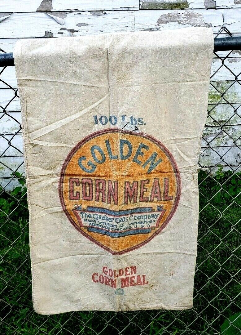 Rare Antique Cloth Advertising Sack Golden Corn Meal Quaker Oats Americana