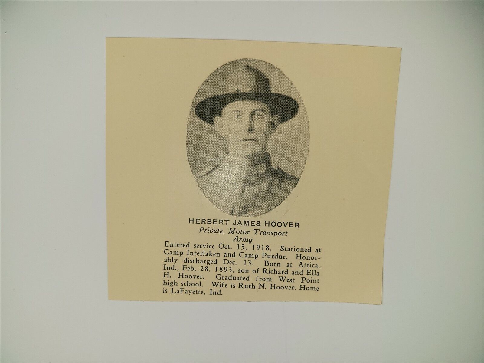 Herbert James Hoover Attica Indiana Camp Interlaken Camp Purdue 1919 WW1 Hero Pn