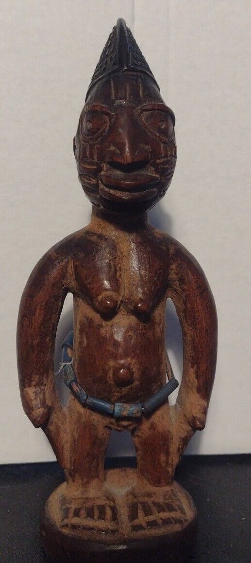 Rare African Tribal Wood Sculpture W/ Glass Beads, Yoruba (ere ibeji) Circa 1920