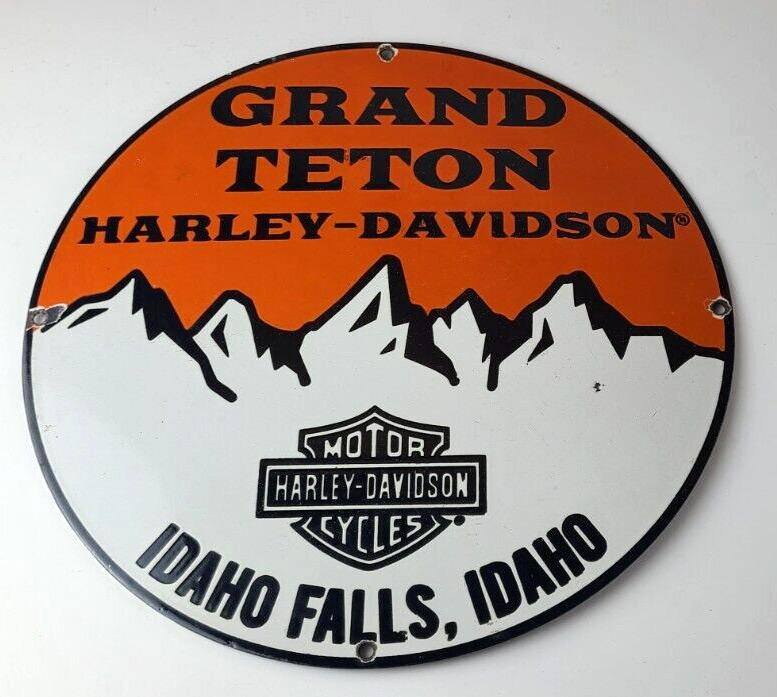 Vintage Harley Davidson Motorcycles Sign - Grand Teton Porcelain Gas Pump Sign