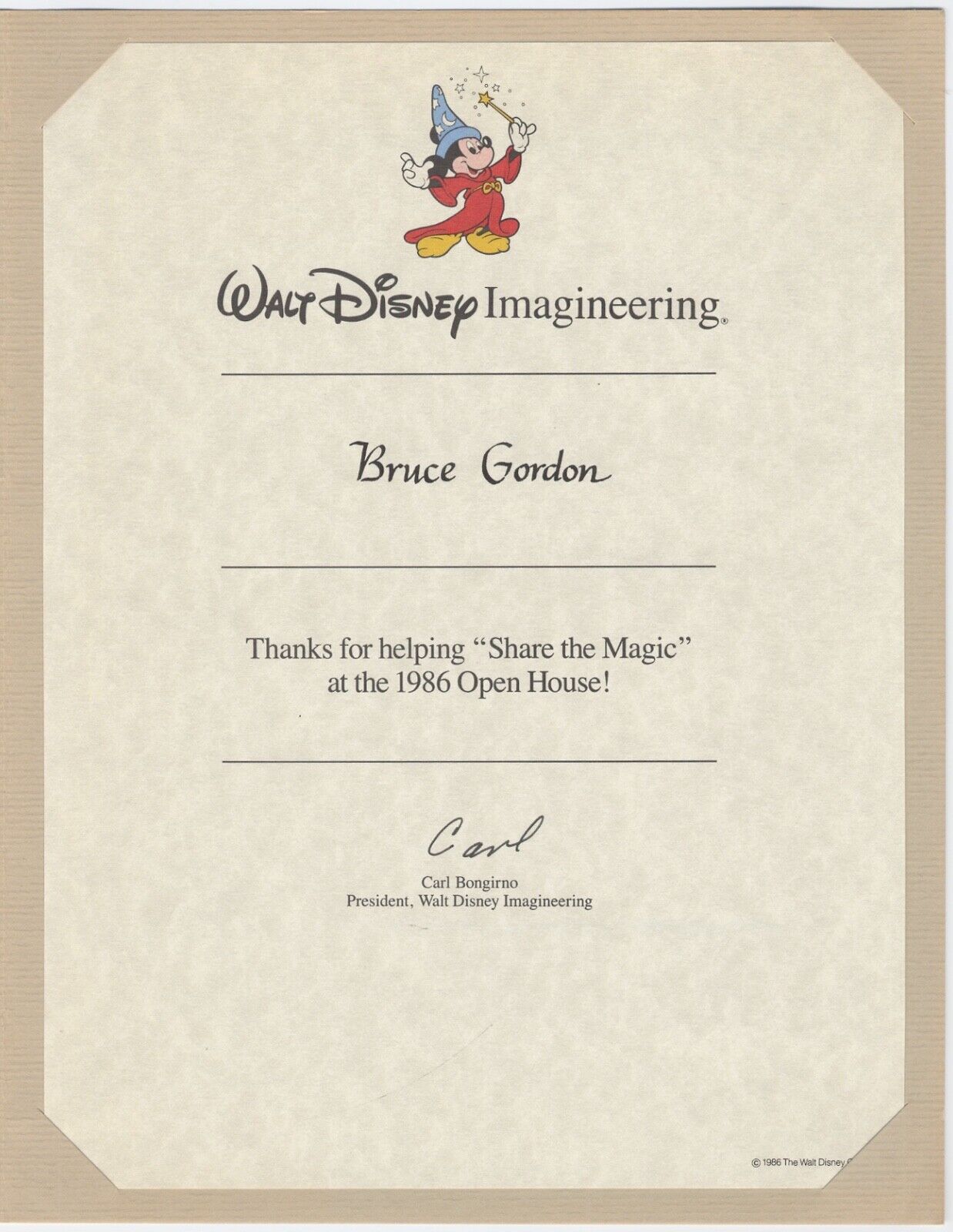 WALT DISNEY IMAGINEERING Certificate for Imagineer BRUCE GORDON, 1986