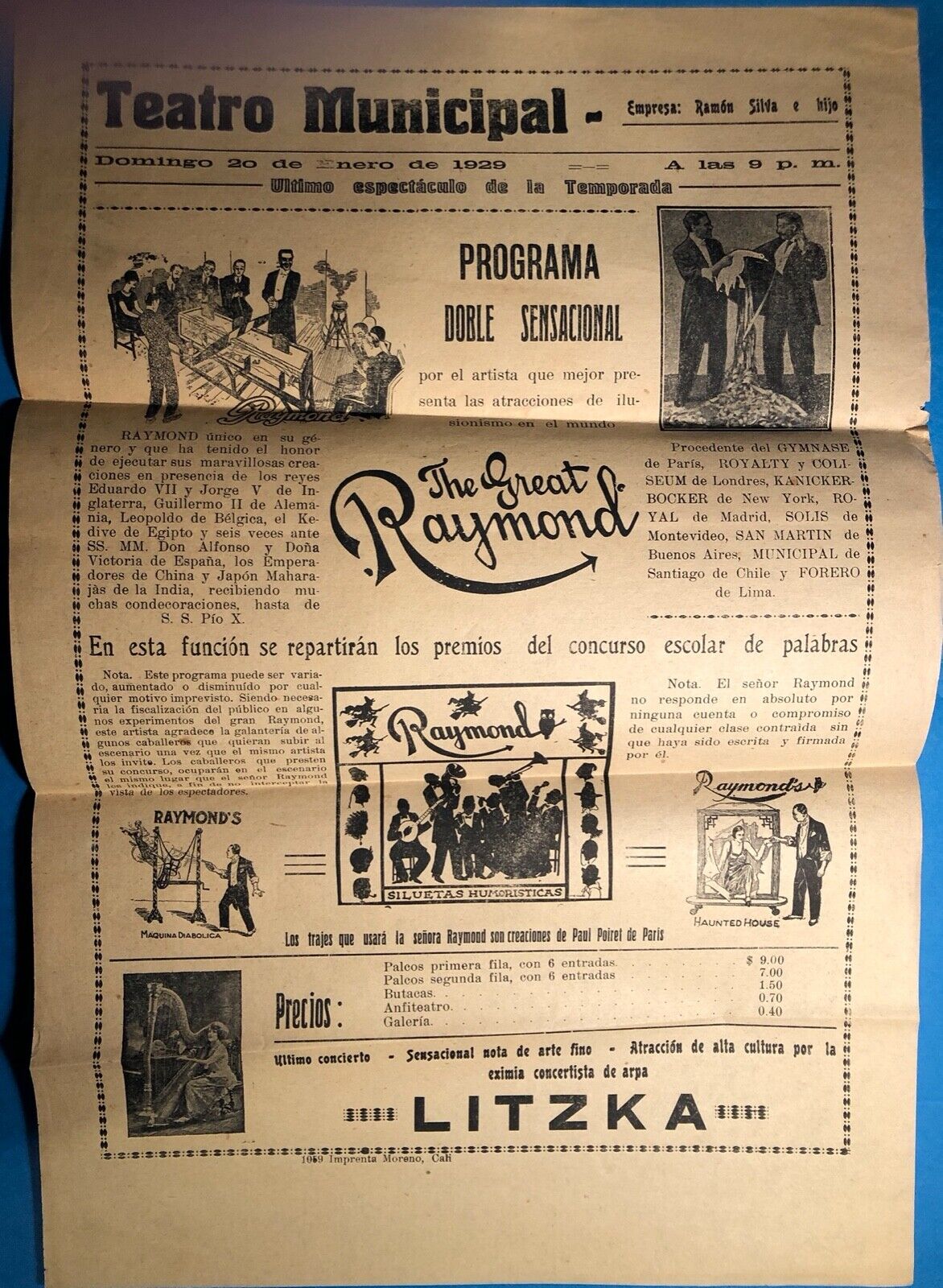 THE GREAT RAYMOND AND LITZKA. 1929 COLOMBIAN BROADSIDE IN SPANISH