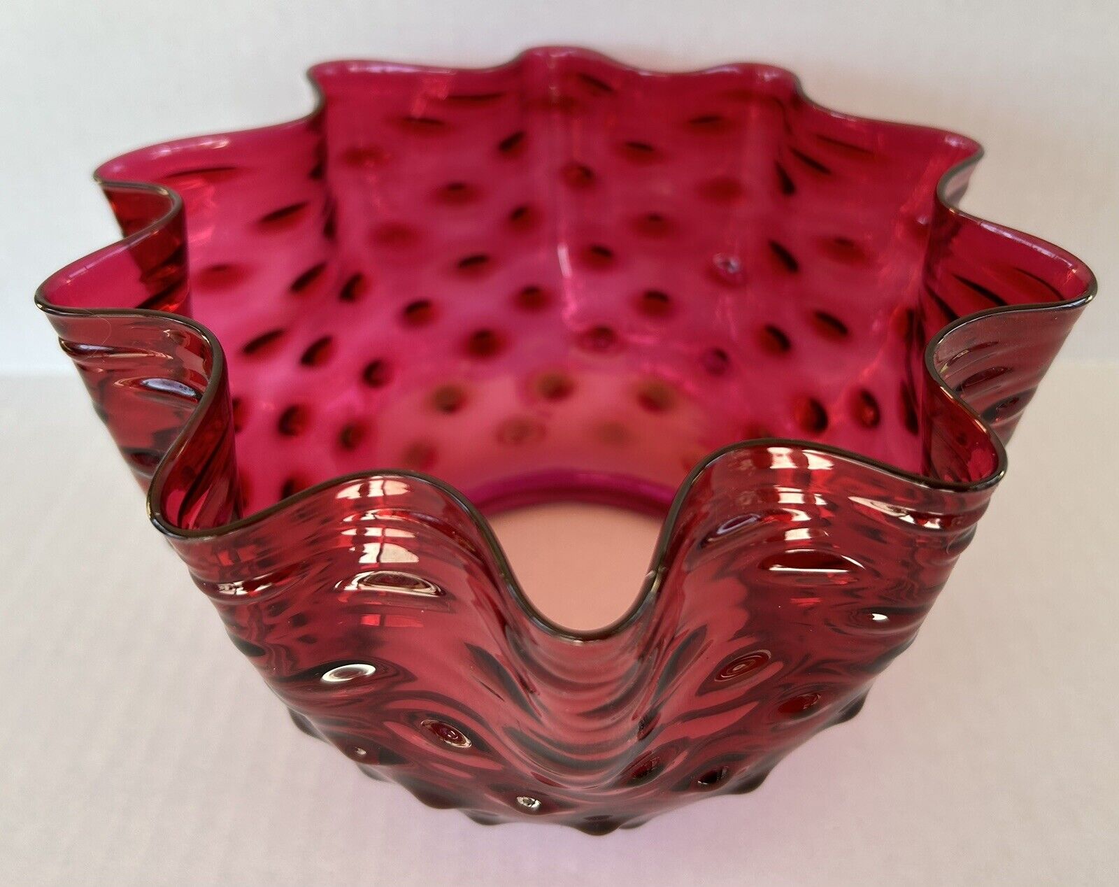 Antique Cranberry Glass Lamp Shade Victorian Oil Lamp Ruffled Hobnail 3 7/8\
