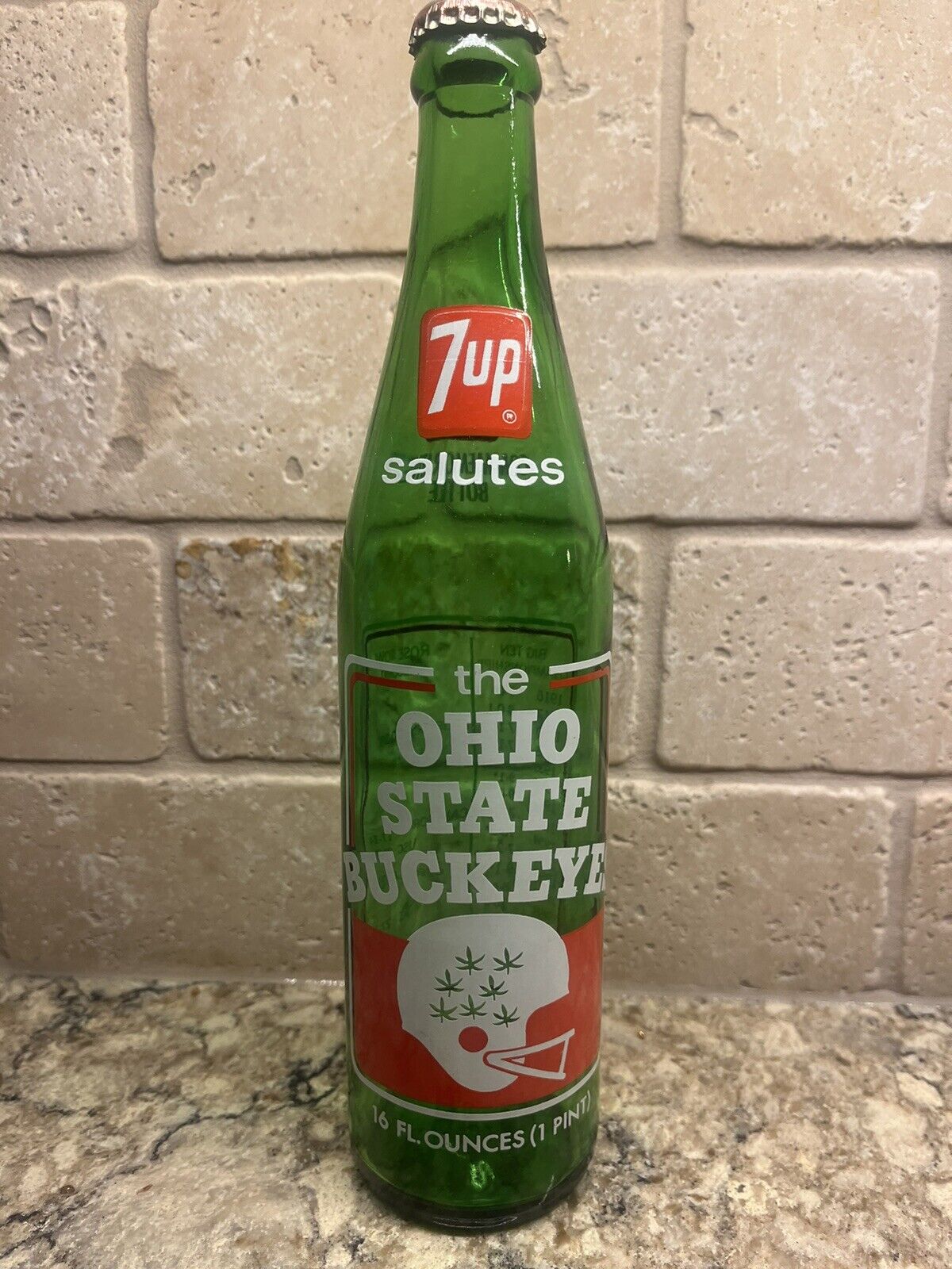 Vintage The Ohio State Buckeyes Green 7 Up Bottle Empty 1973 Salutes