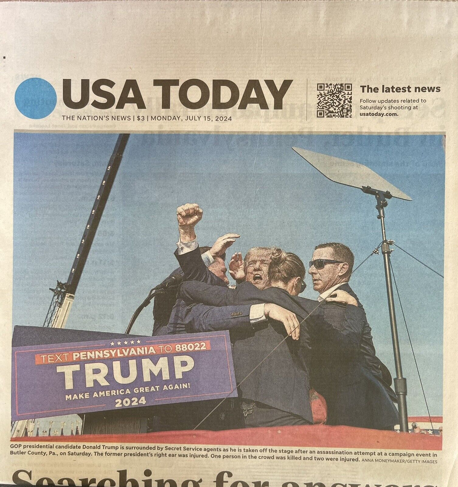 USA Today Donald Trump Shot “Searching For Answers” July 15 2024 Newspaper