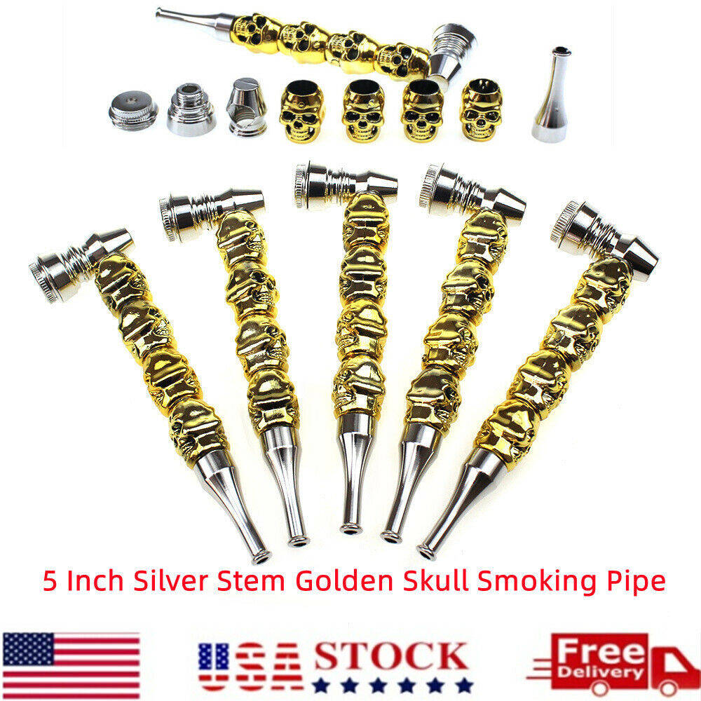 5 Inch Silver Stem Golden Skull Smoking Metal Pipe Adjustable Skull Zinc Alloy
