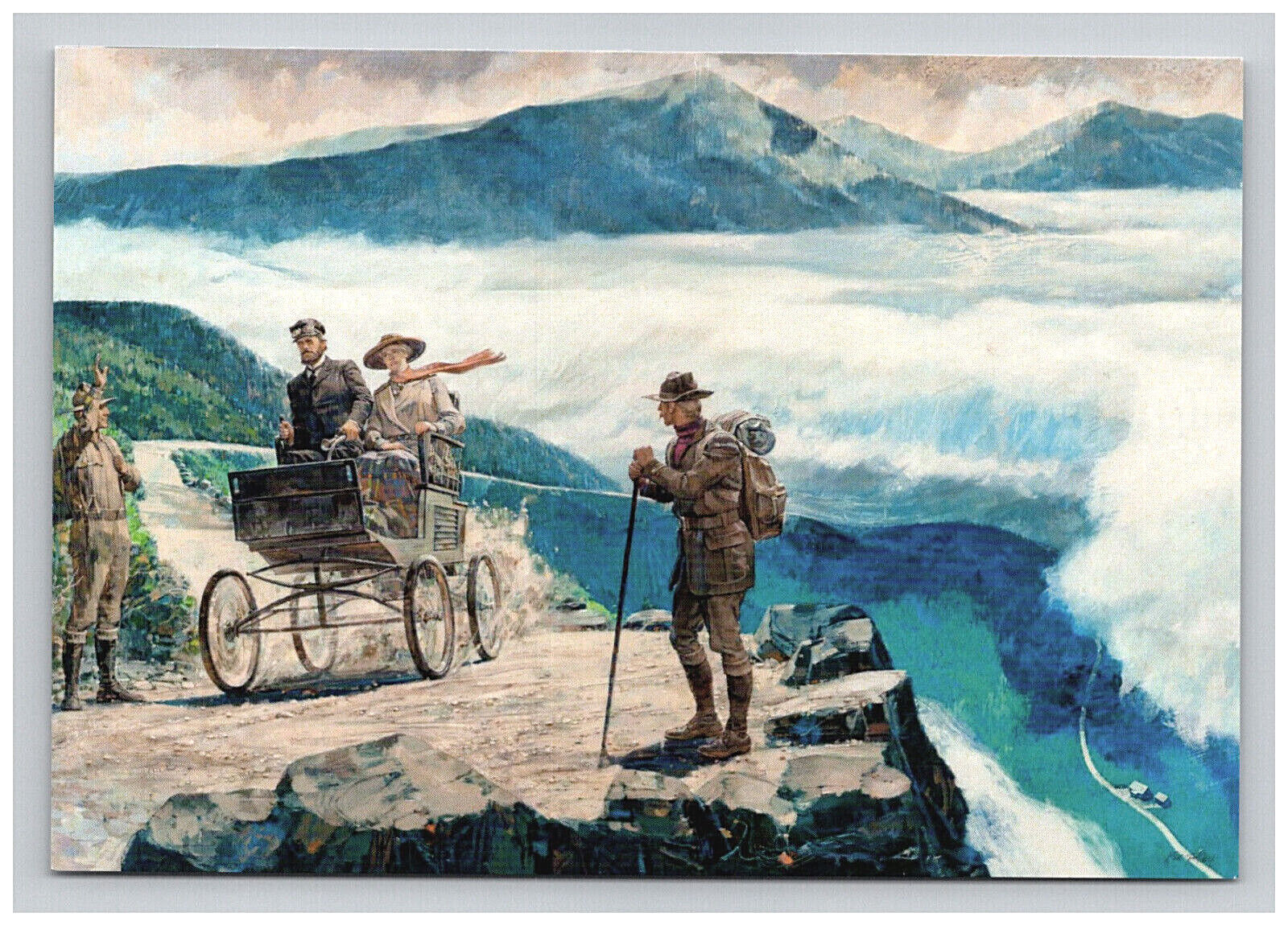 Postcard Classic Car People Hiking Mountain Road View Art Reprint              