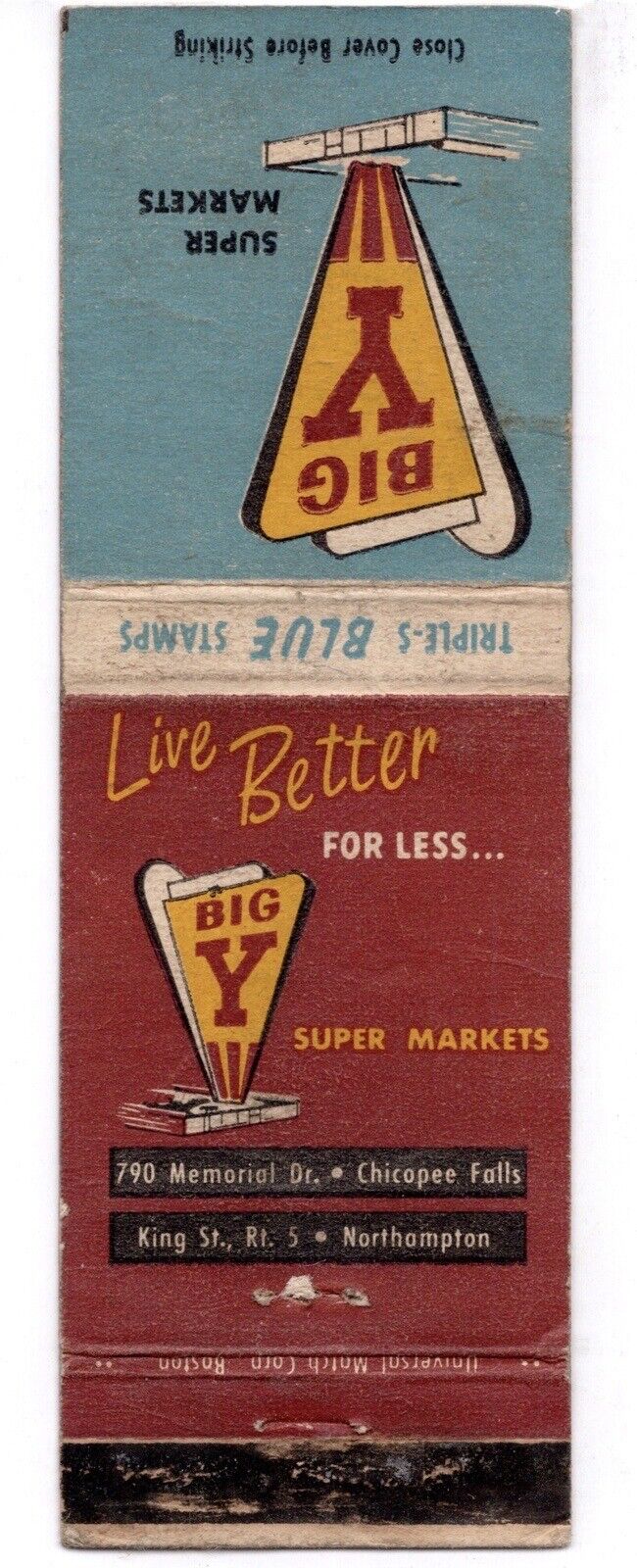 c1940s~Big Y Supermarket~Northampton~Chicopee Falls Mass~Vintage Matchbook Cover