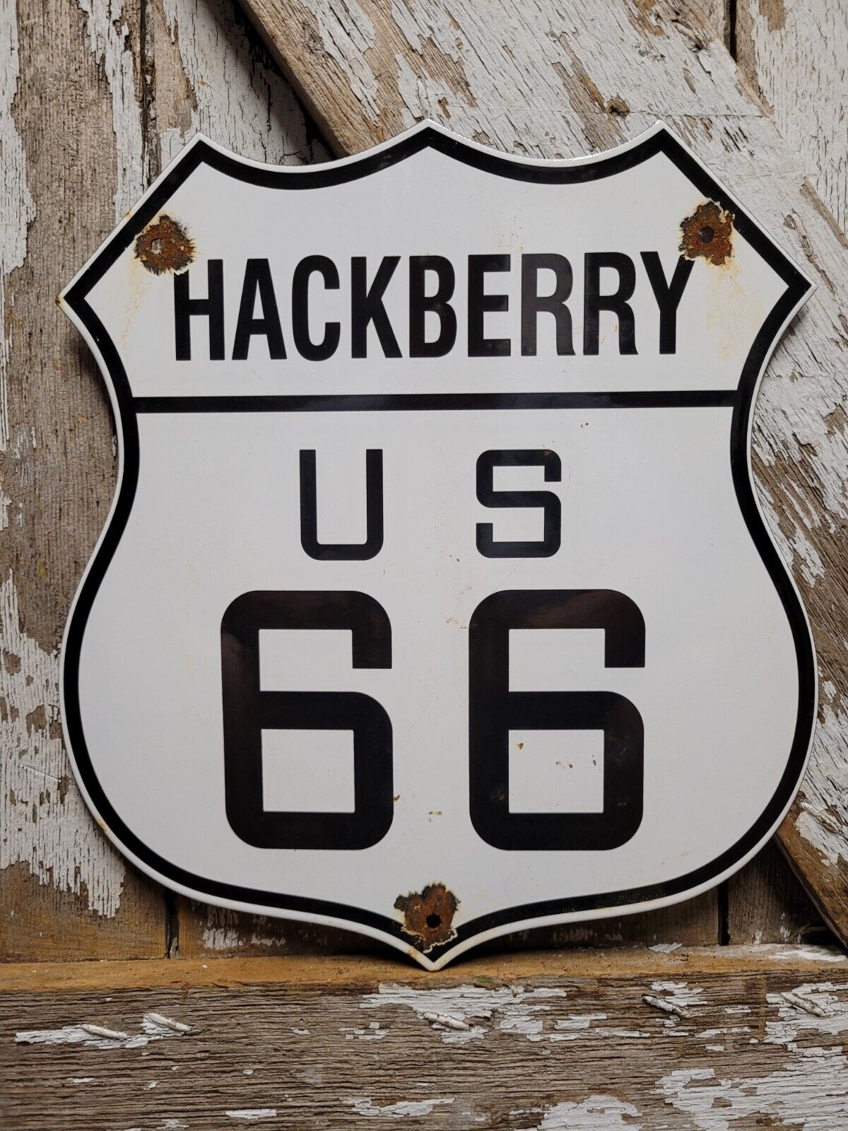 VINTAGE HACKBERRY ROUTE 66 PORCELAIN SIGN US HIGHWAY ROAD TRANSIT SHIELD MARKER