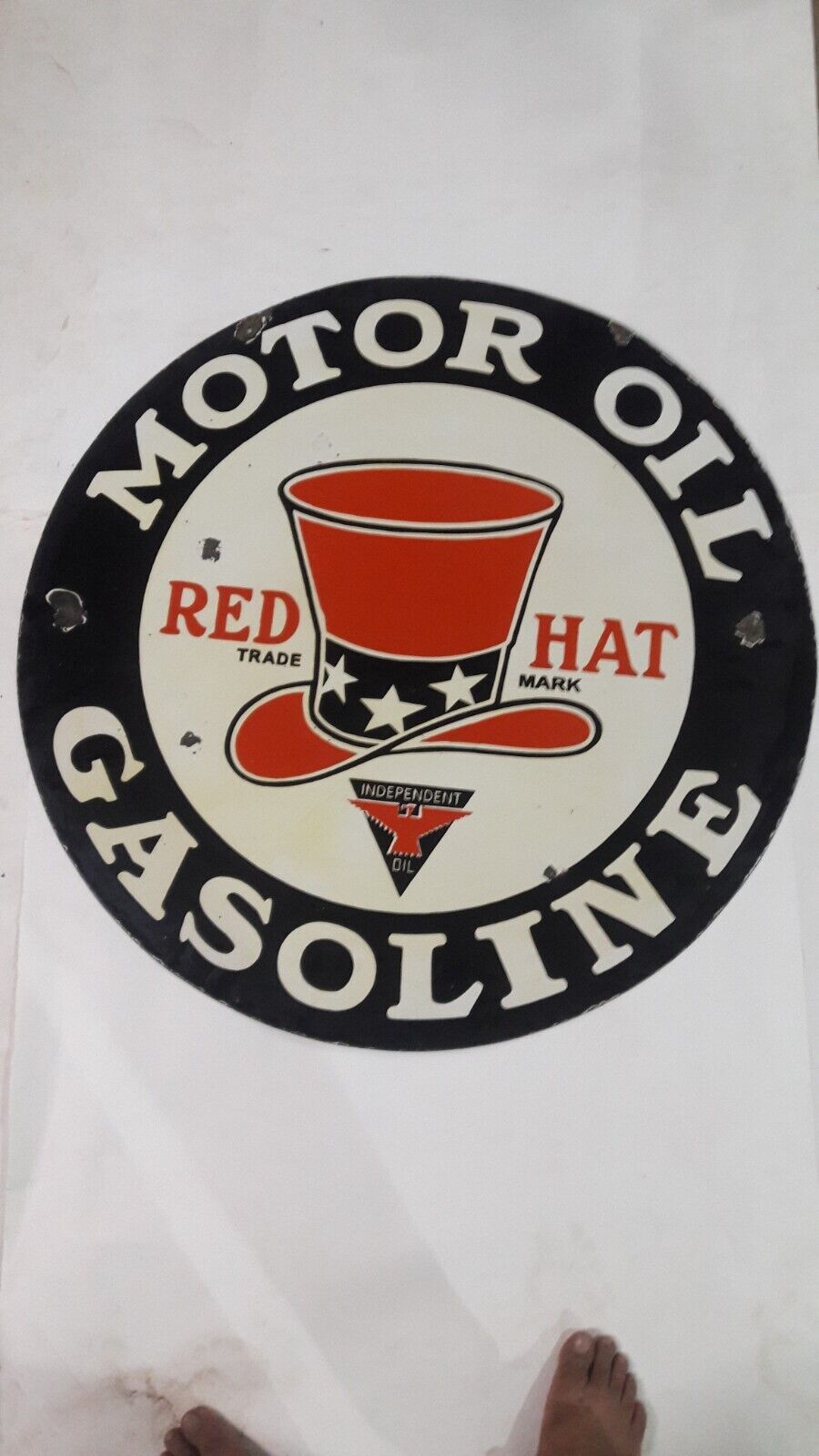 PORCELAIN RED HAT ENAMEL SIGN 30X30 INCHES DOUBLE SIDED