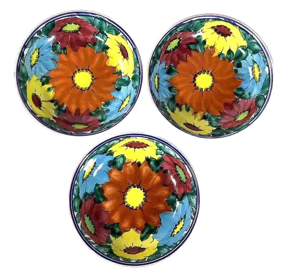 Set of 3 Juan F Guerrero Pottery Bowls 7”D Mexico Handcrafted Signed Floral EUC