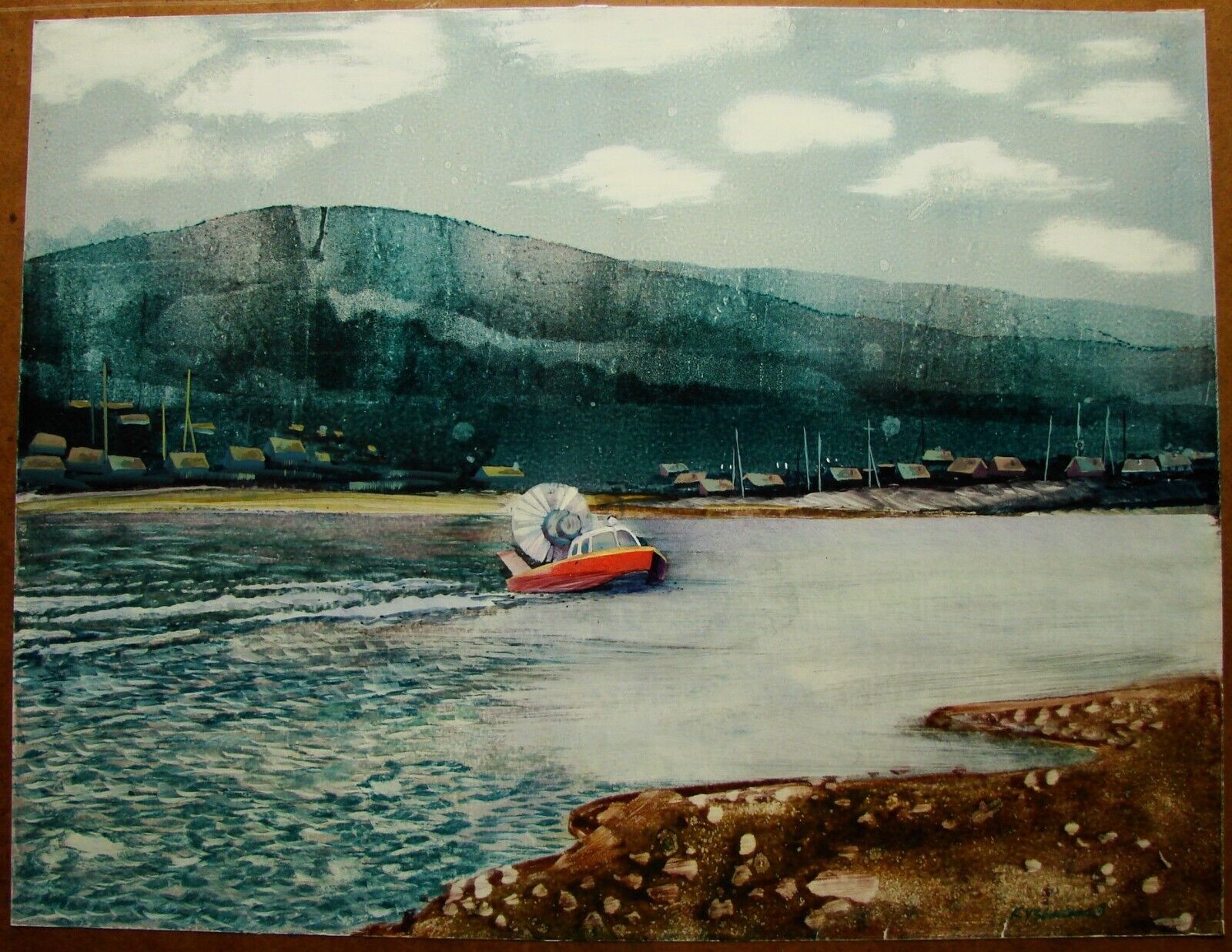 Ukrainian Soviet monotype painting landscape river airboat BAM