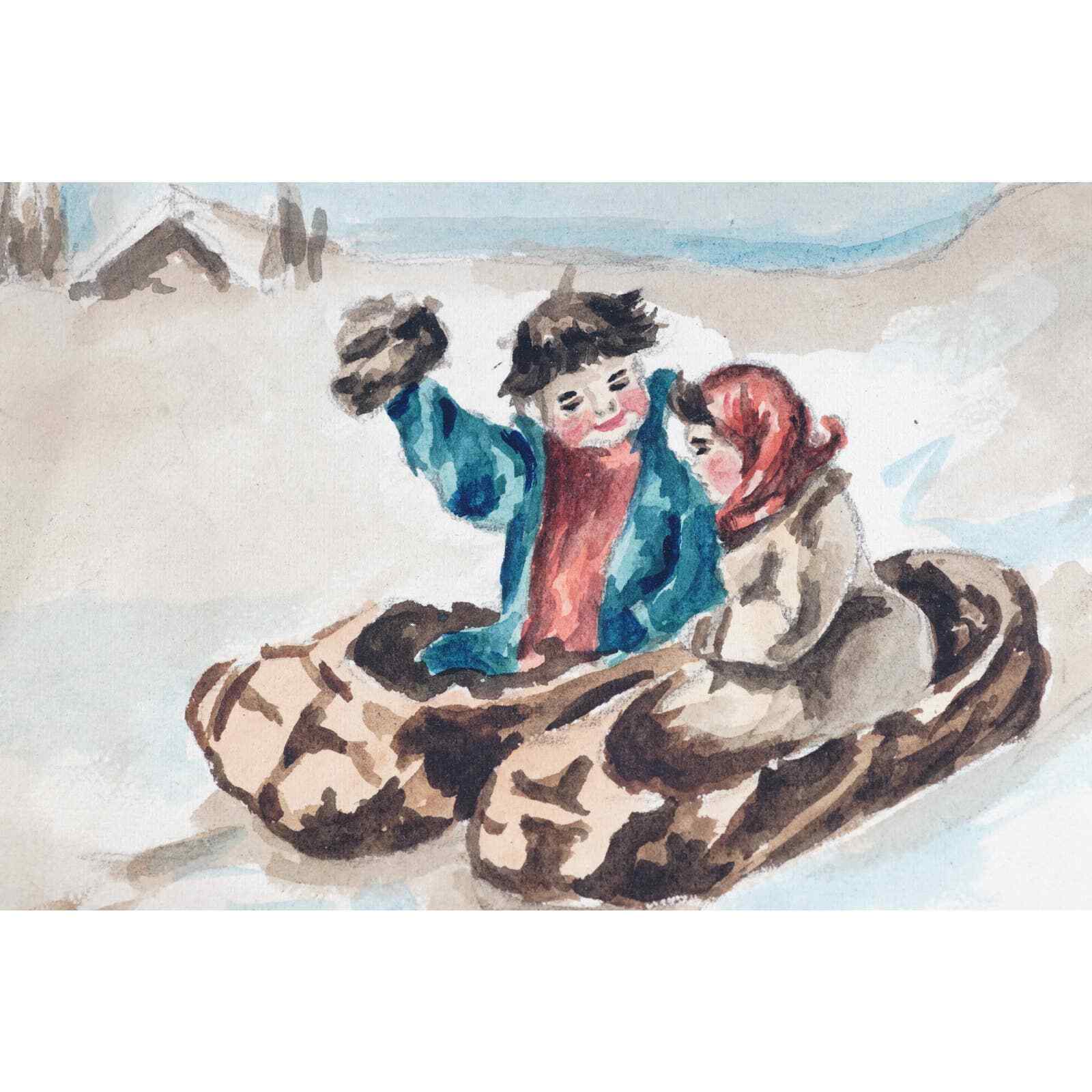 Bulgaria Christmas Card Hand Painted Watercolor Painting 1925 OOAK