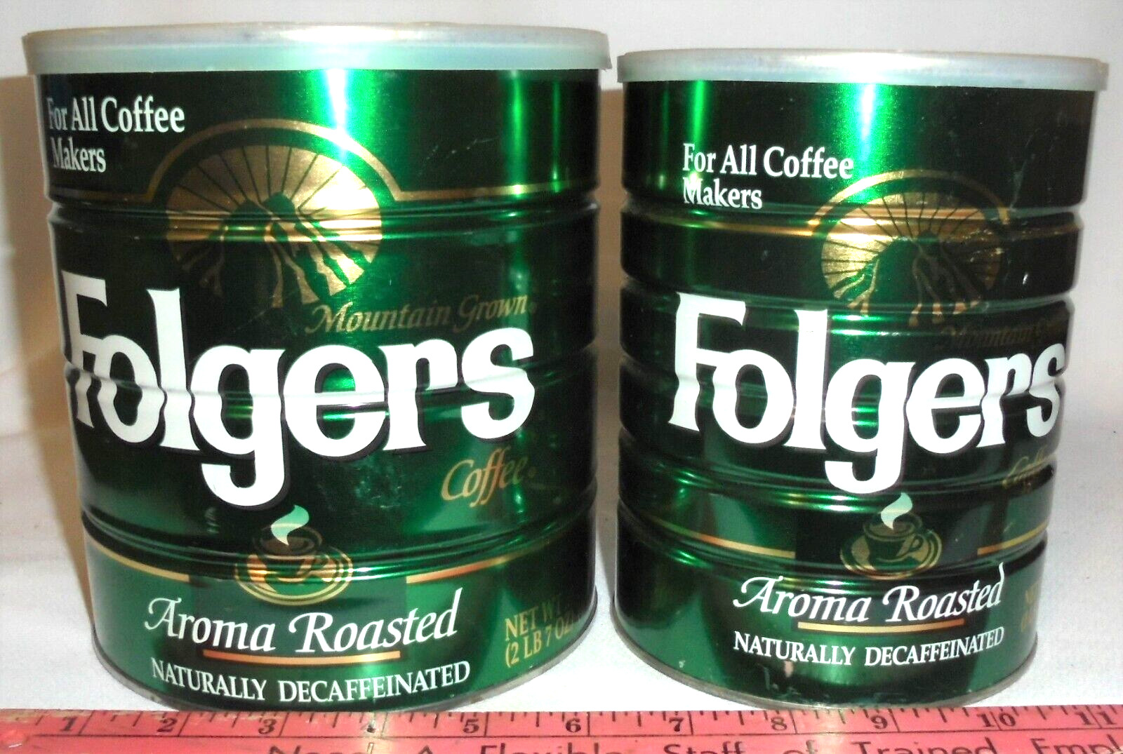2 VTG. FOLGERS DEC. COFFEE CANS & LIDS, 39 OZ, & 26 OZ.i - For All Coffee Makers