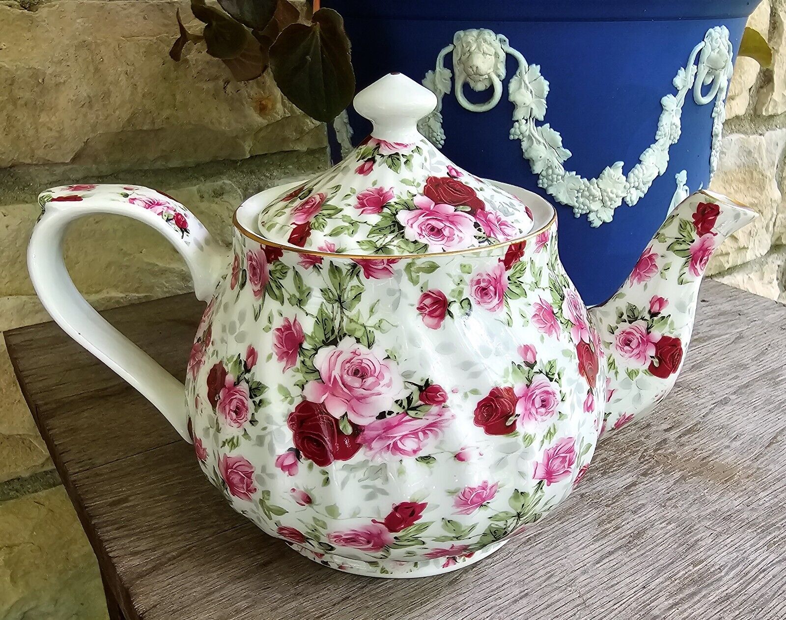 Vintage Red Pink Rose Chintz Teapot by Darice Classic Romantic Charm