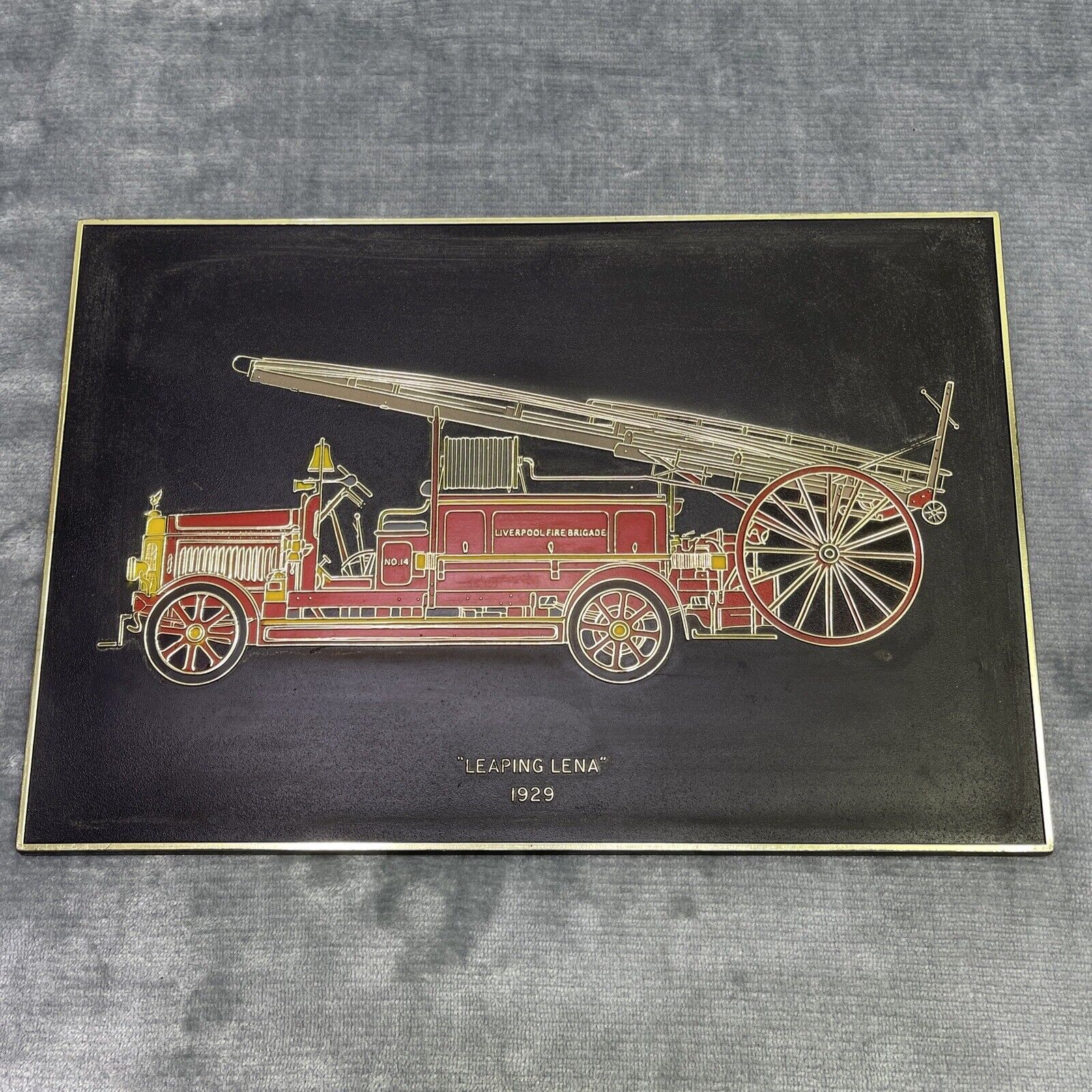 VINTAGE Plastic Sign 1929 Leaping Lena Liverpool Fire Brigade Fire Truck