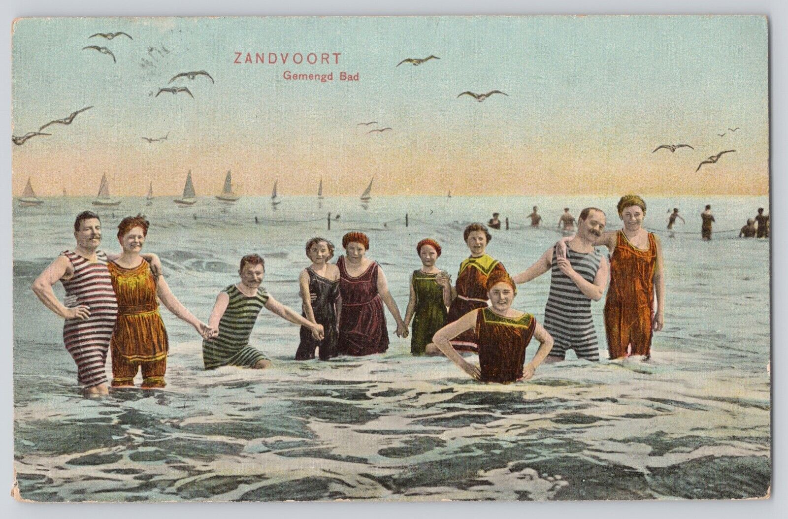 Postcard Bathing Beauties Striped Bathing Suits Ocean Sailboats German Antique
