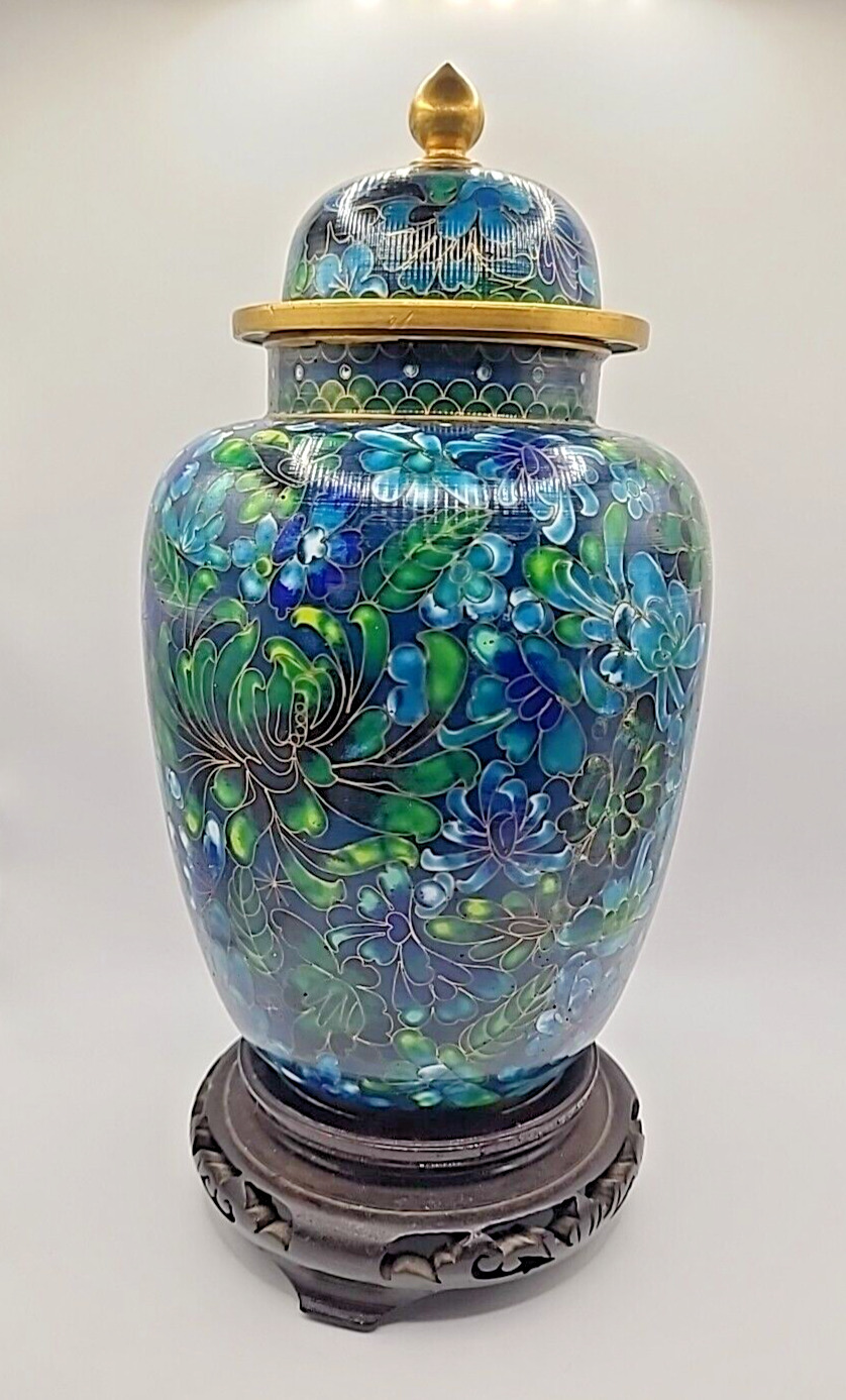 Large Cloisonne Ginger Jar Urn Cobalt Blue Turquoise Enamel Brass Floral Vintage