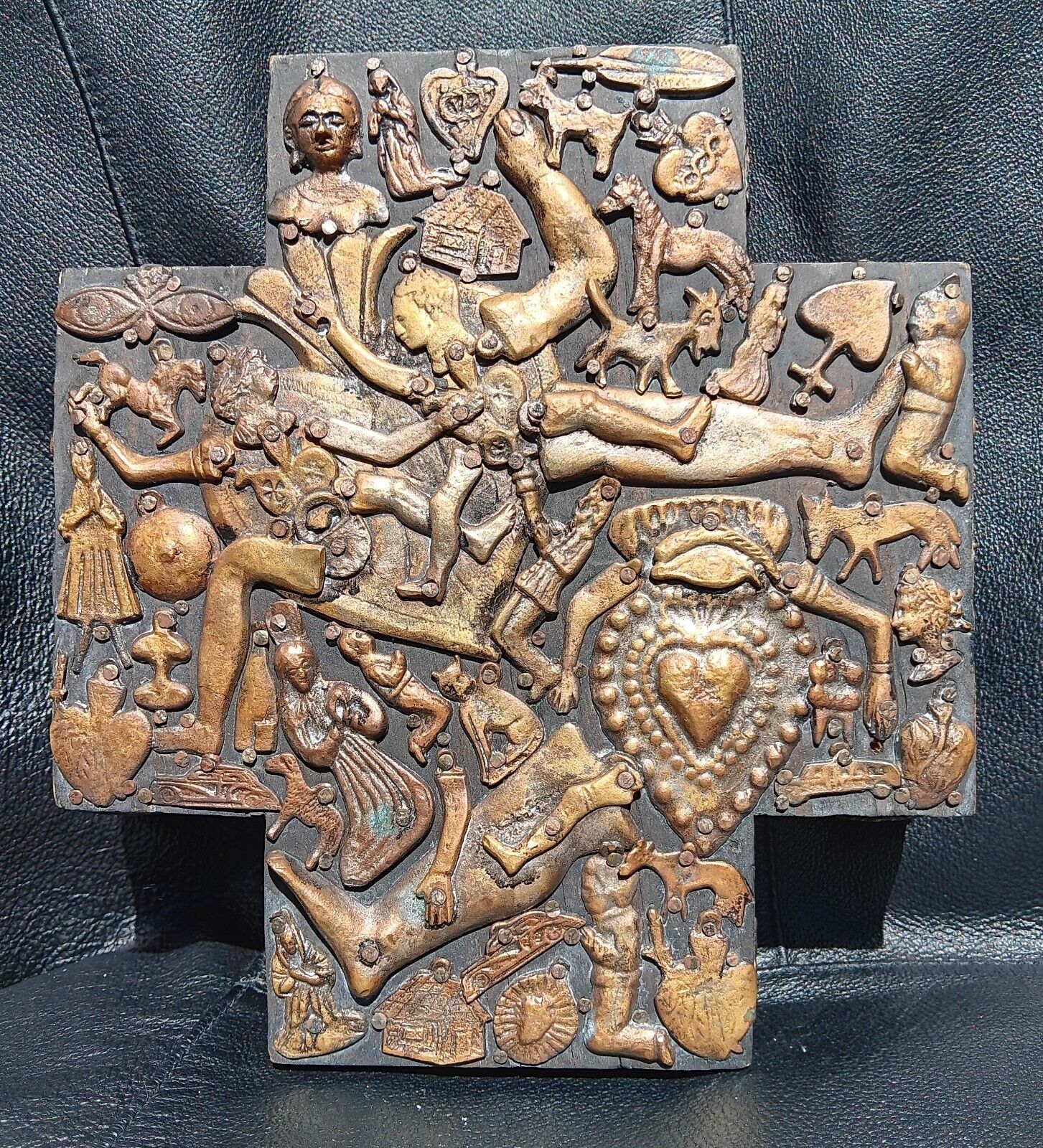 Vintage Signed Estela Ogazon Milagros Cross Mexican Folk Art Metal Brass Wood 