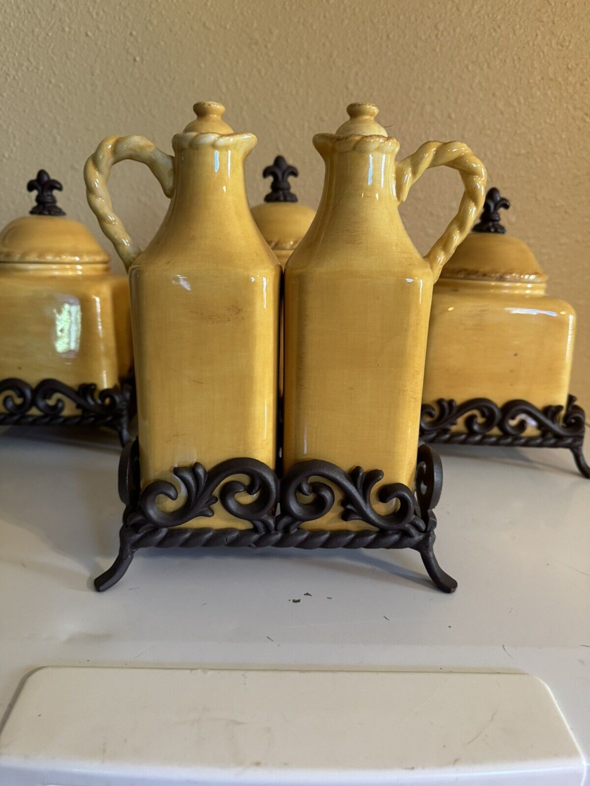 Artimino Tuscan Countryside Yellow Vinegar and Oil Set with lids & Metal Stand