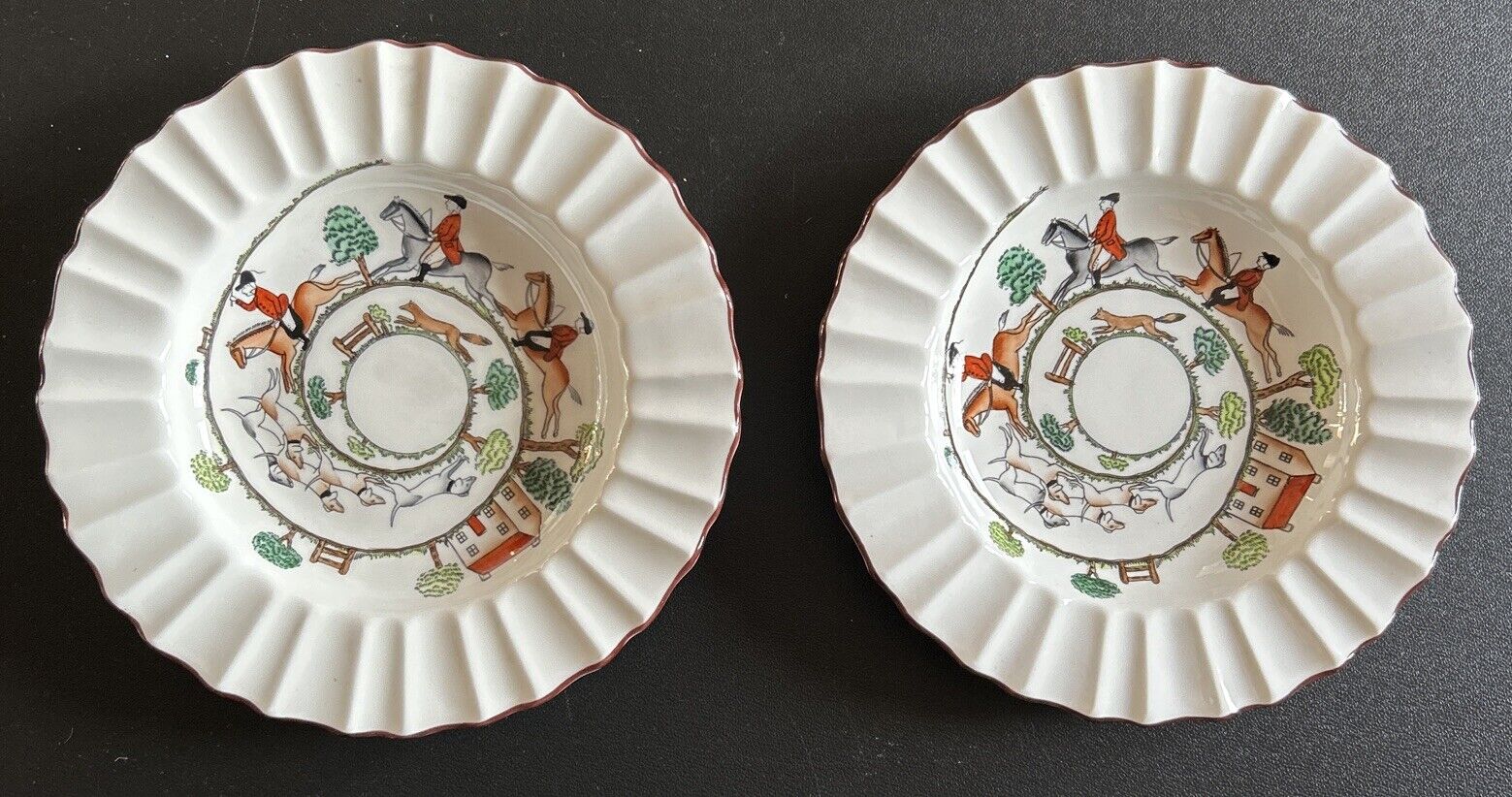 Pair of Crown Staffordshire Hunting Scene Large Ashtray HTF Discontinued England