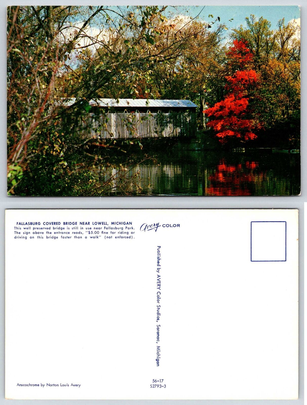 Lowell Michigan FALLASBURG COVERED BRIDGE Postcard g565