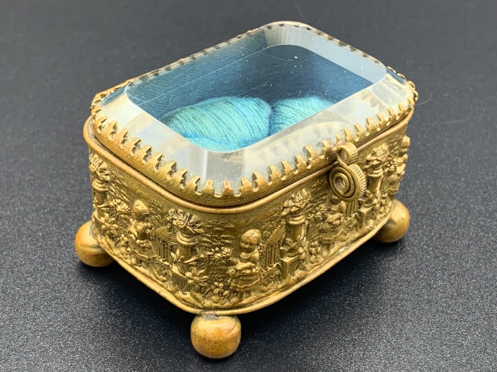 19th C. French Jewellery Casket Box Faceted Glass Panel Ormolu Brass Ball Feet