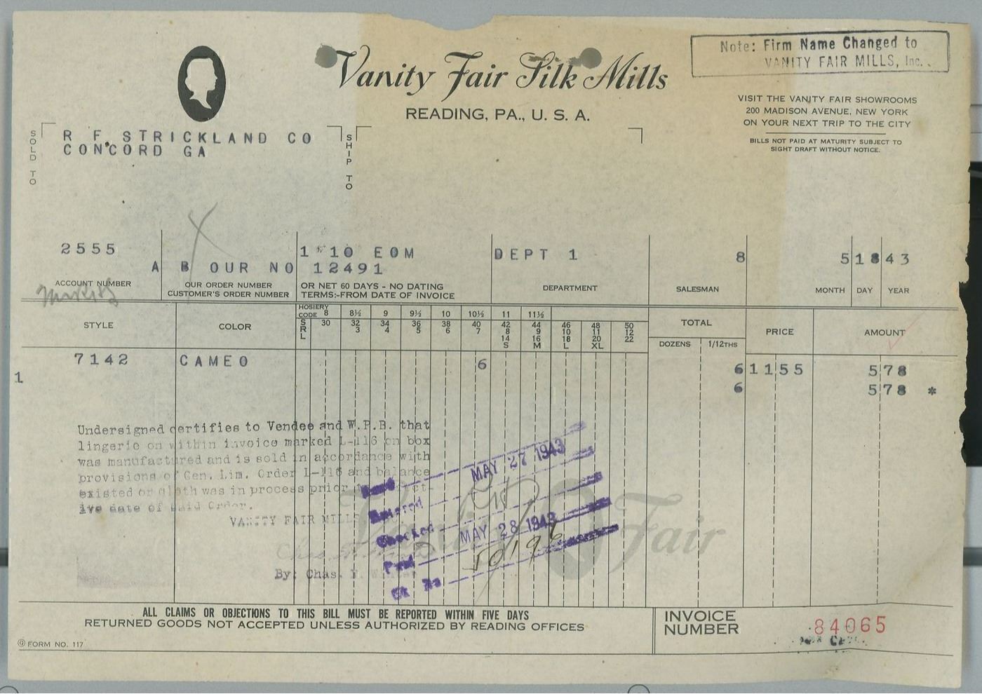 1943 Vanity Fair Silk Mills Reading PA Invoice R.F. Strickland Co. Concord GA158