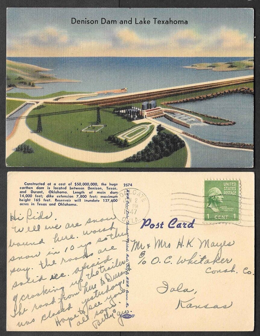 1947 Oklahoma Postcard - Denison Dam and Lake Texahoma