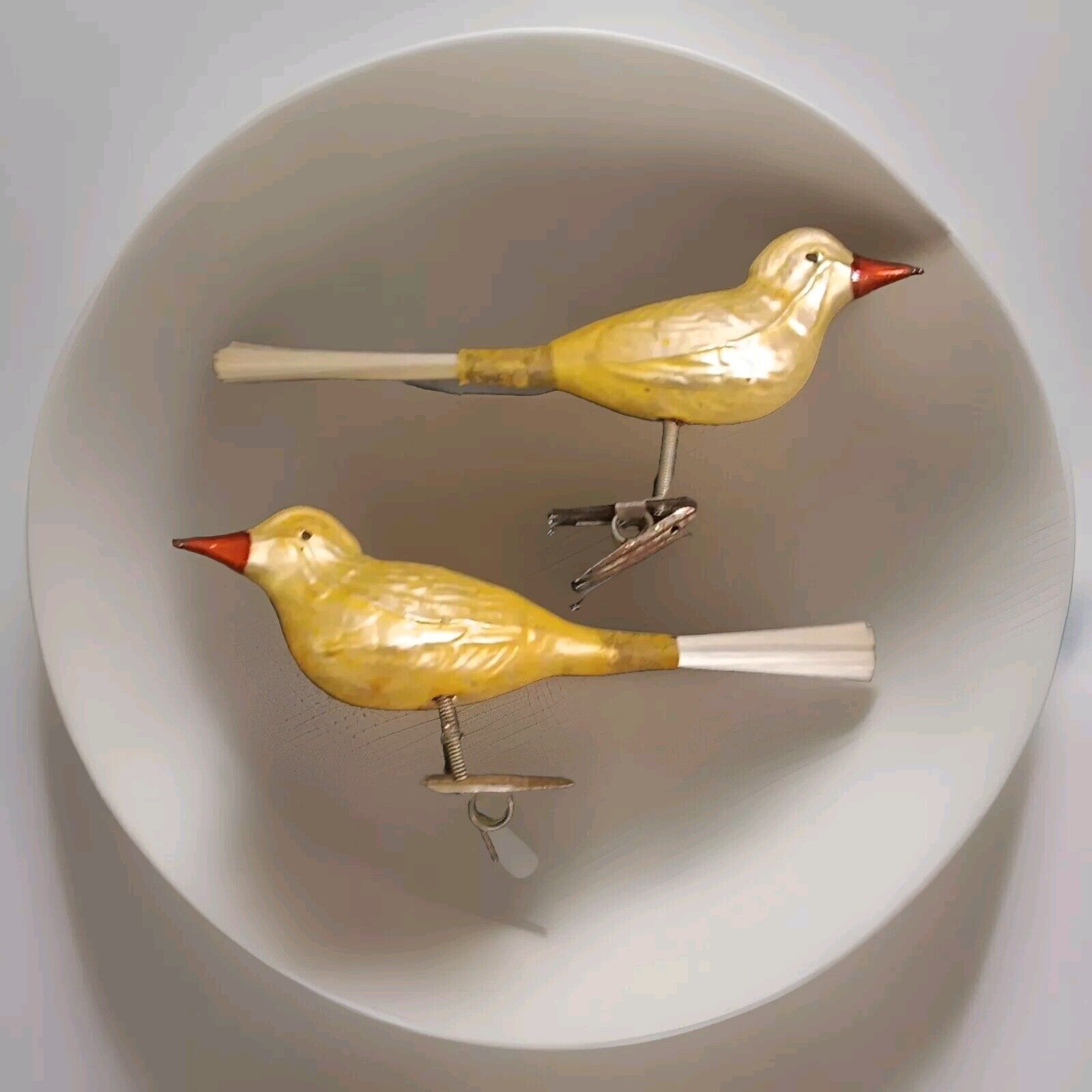 2 Winter Xmas Birds, on Clips, Spun Glass Tail.  1920s German Glass Ornaments 
