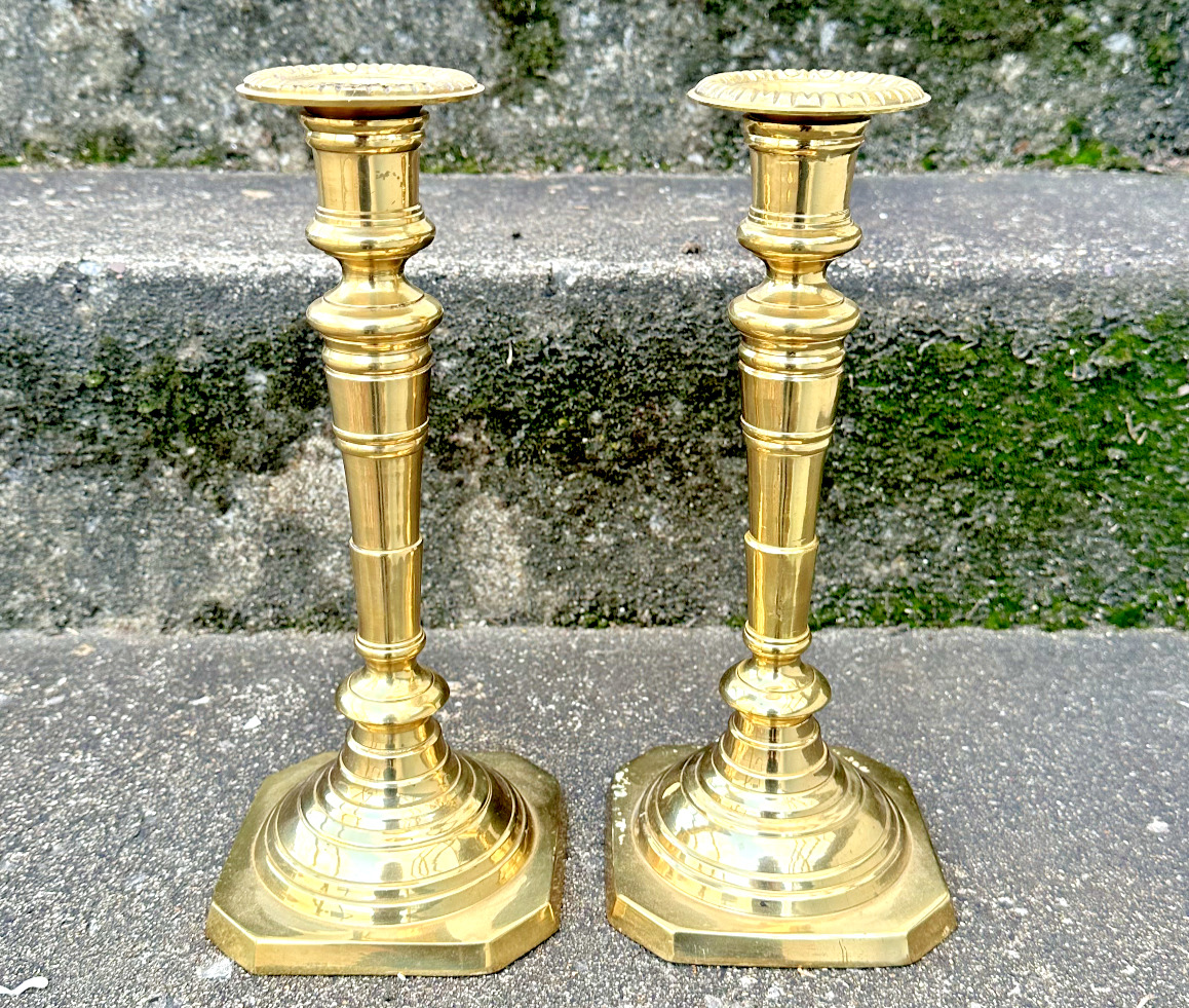Vintage PAIR French Polished Brass Heavy Candlestick Holders 12\
