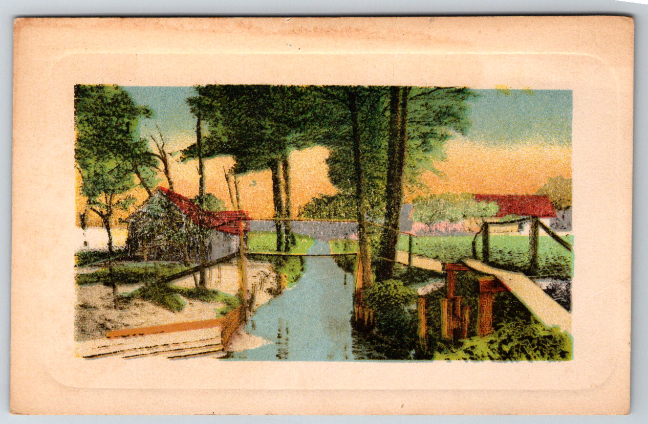 c1910s Crossing River Bridge Stream Art Embossed Antique Postcard