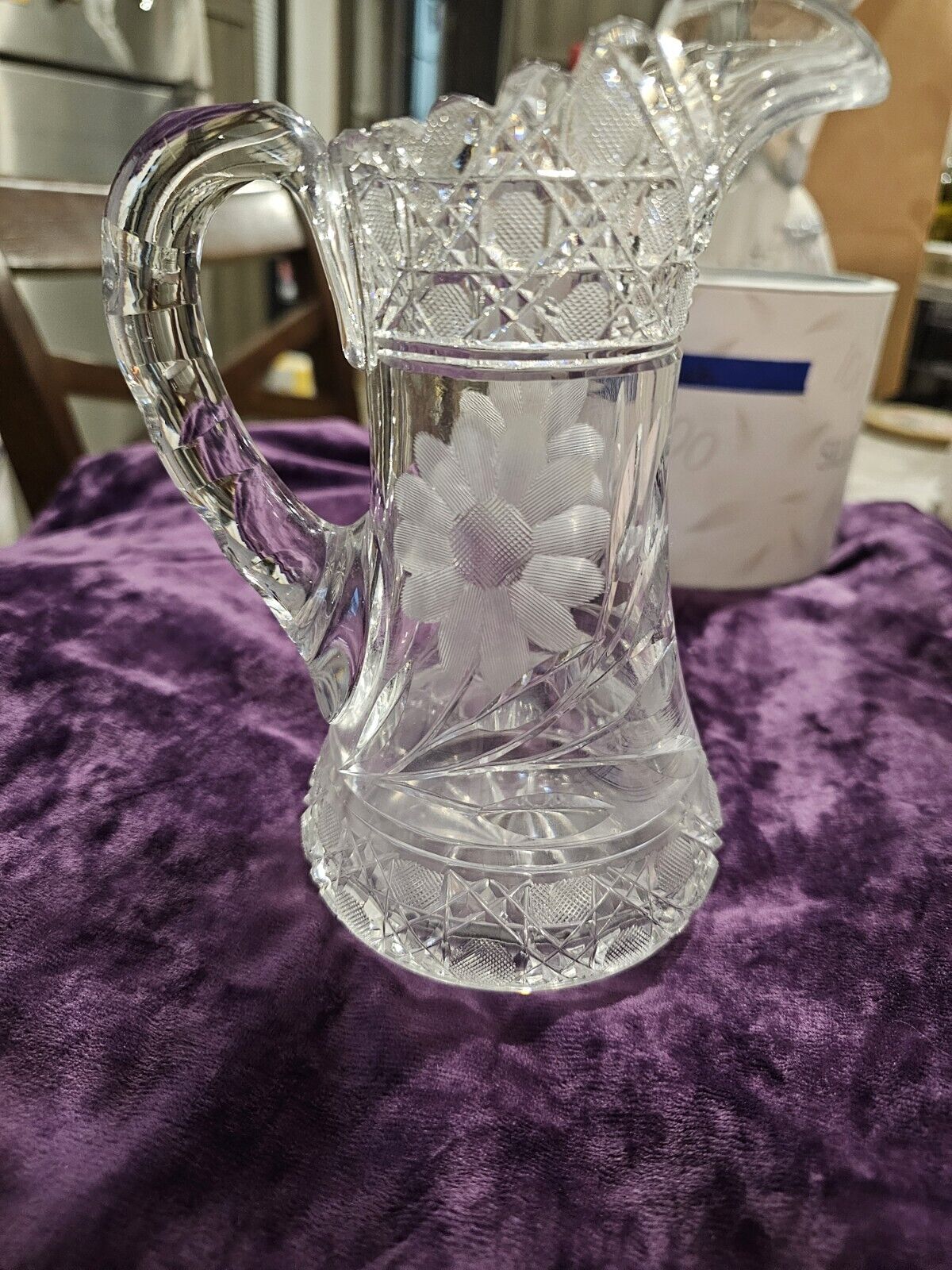 Vintage Etched Cut Glass Crystal Water Pitcher Daisy Design Floral Large