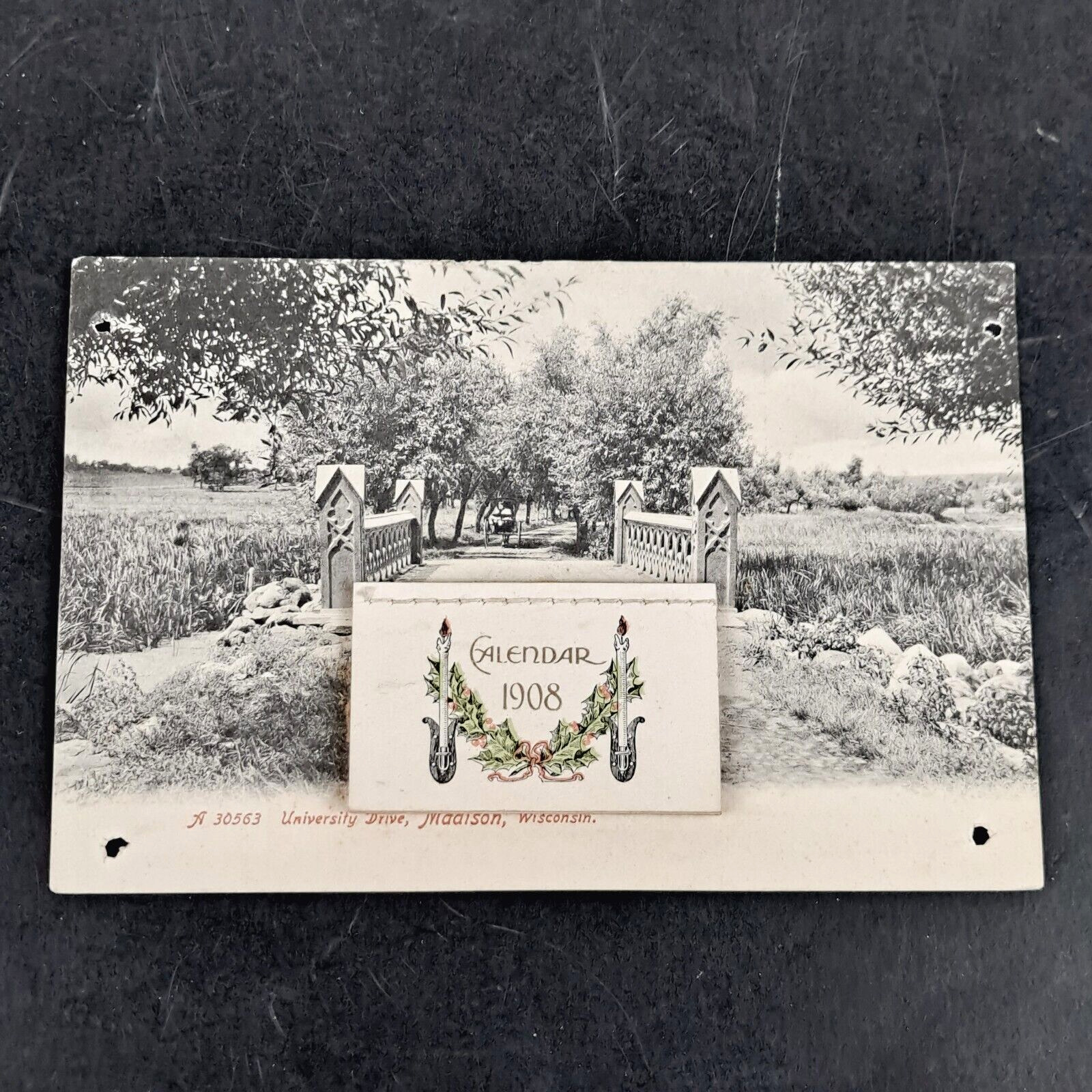 ANTIQUE 1907 UDB ROTOGRAPH POST CARD W/ MINI CALENDAR UNIVERSITY DR, MADISON, WI