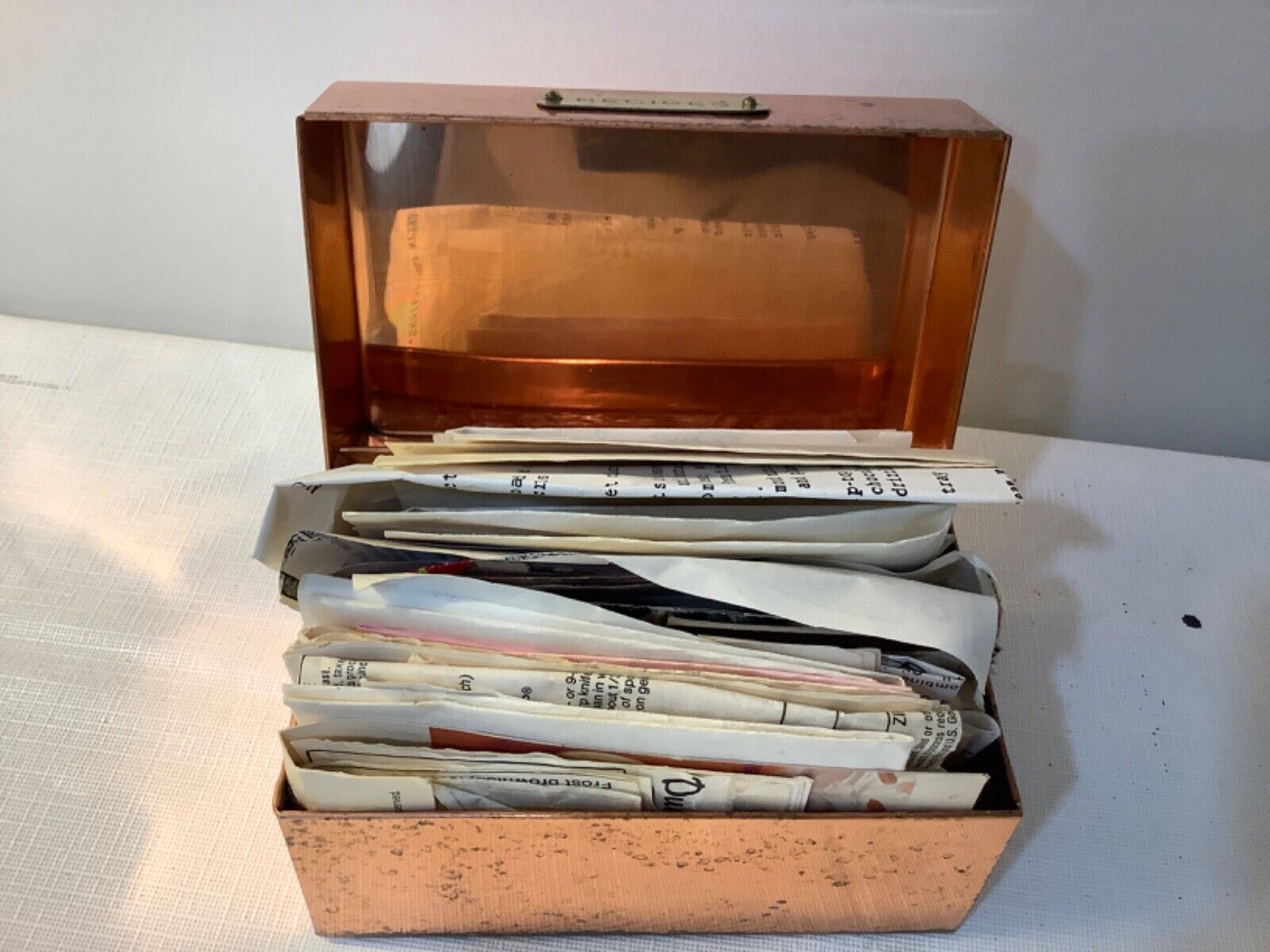 Vintage MCM Mid Century Copper Recipe Box Filled w Recipes