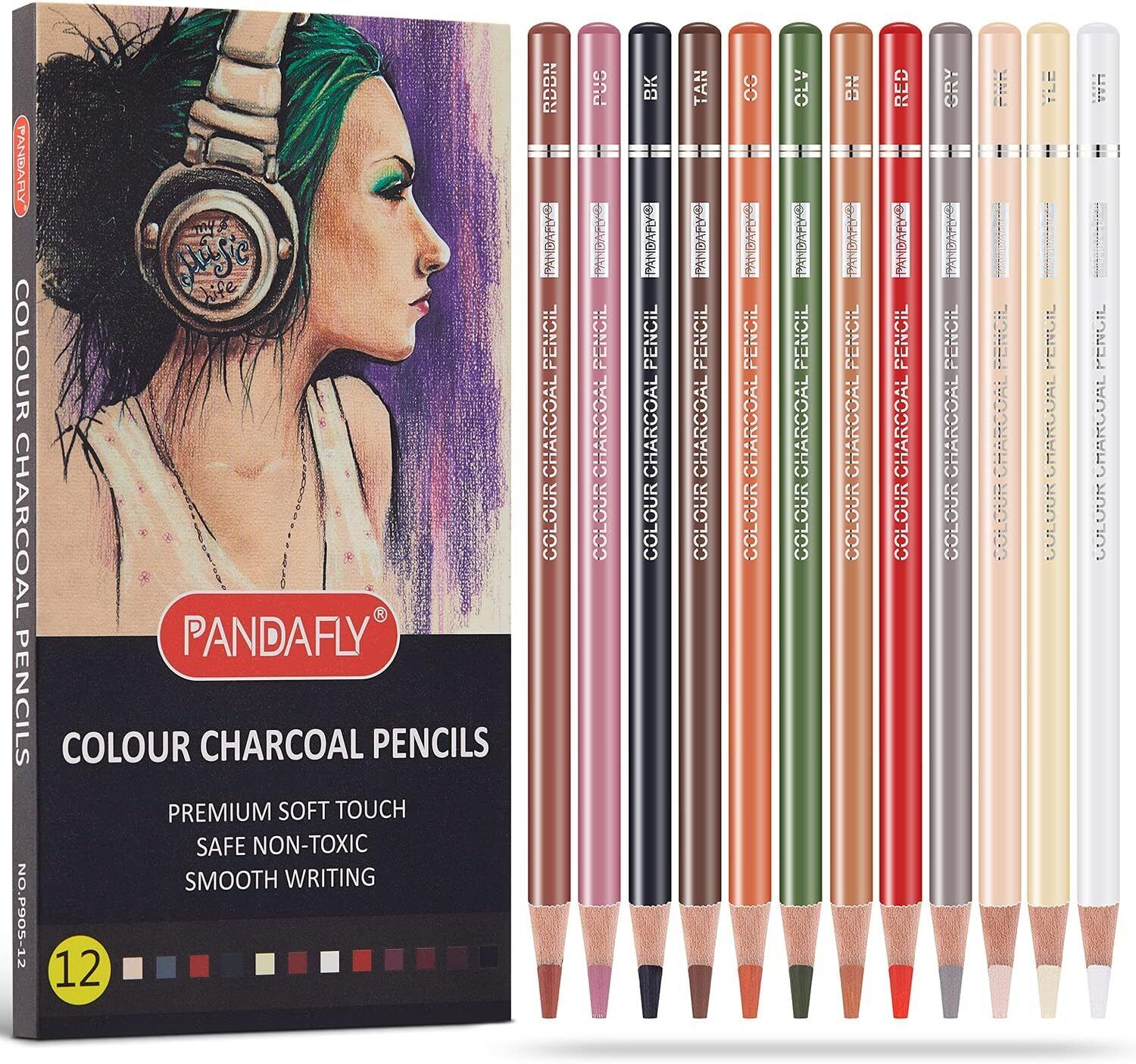 PANDAFLY Professional Colored Charcoal 1 Count (Pack of 12), 12 Colors 