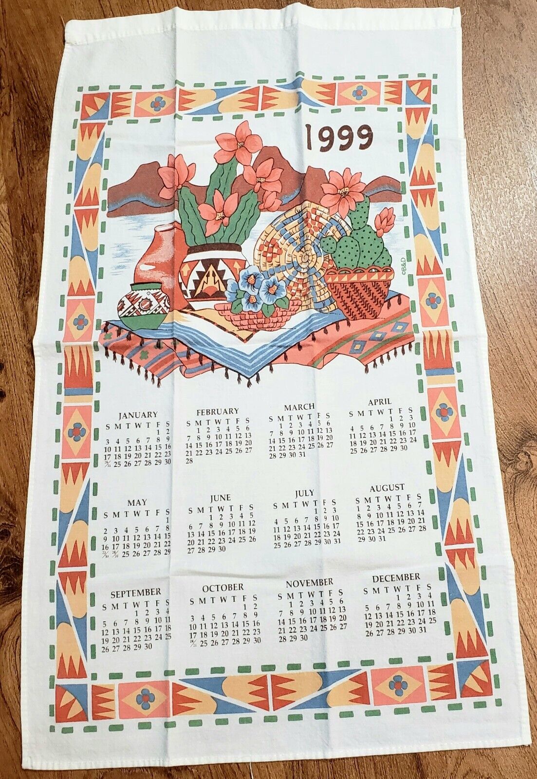 Vintage 1999 Cotton Wall Calendar Kitchen Tea Towel Southwest Themed 16x28\