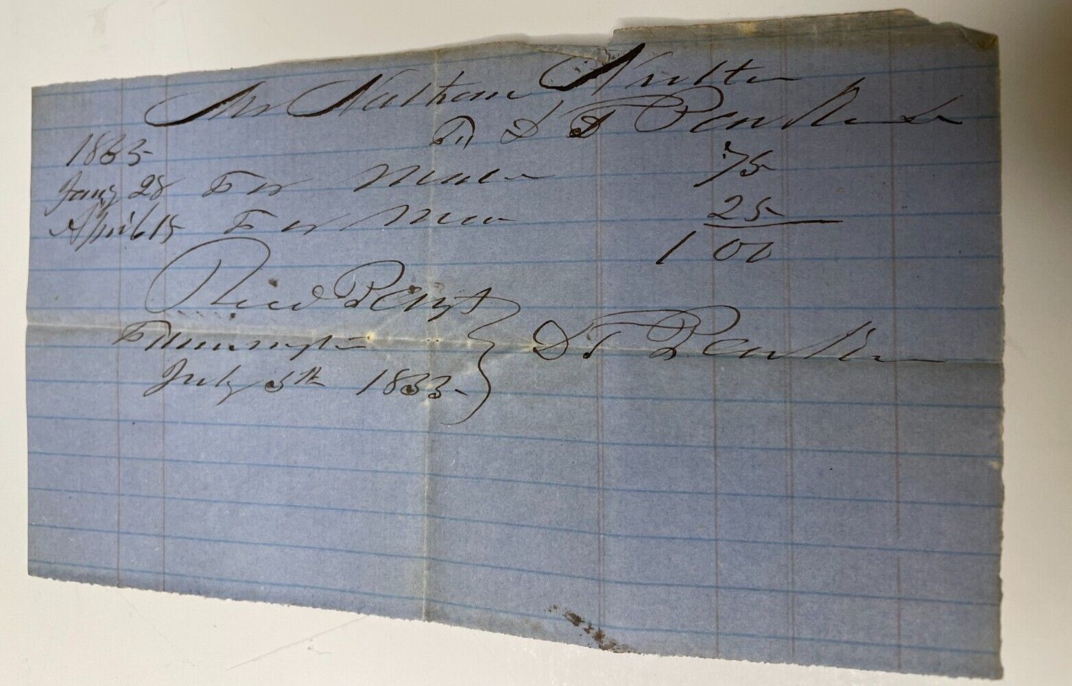 Antique Paid Receipt 1885 For Mr. Nathan Nutter (?) For $1.00-6 1/4\