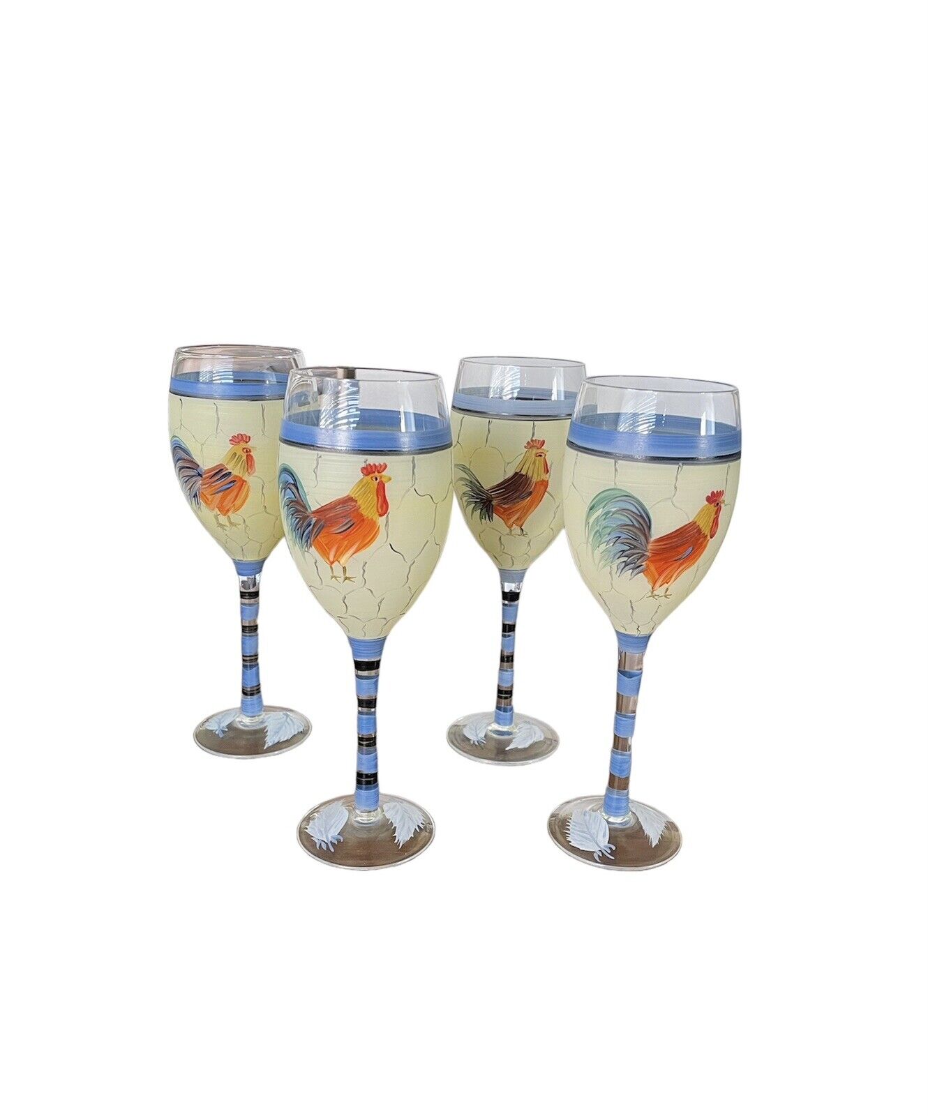 Set Of 4 Hand Painted ROOSTER / CHICKEN Wine Glass 8.5\