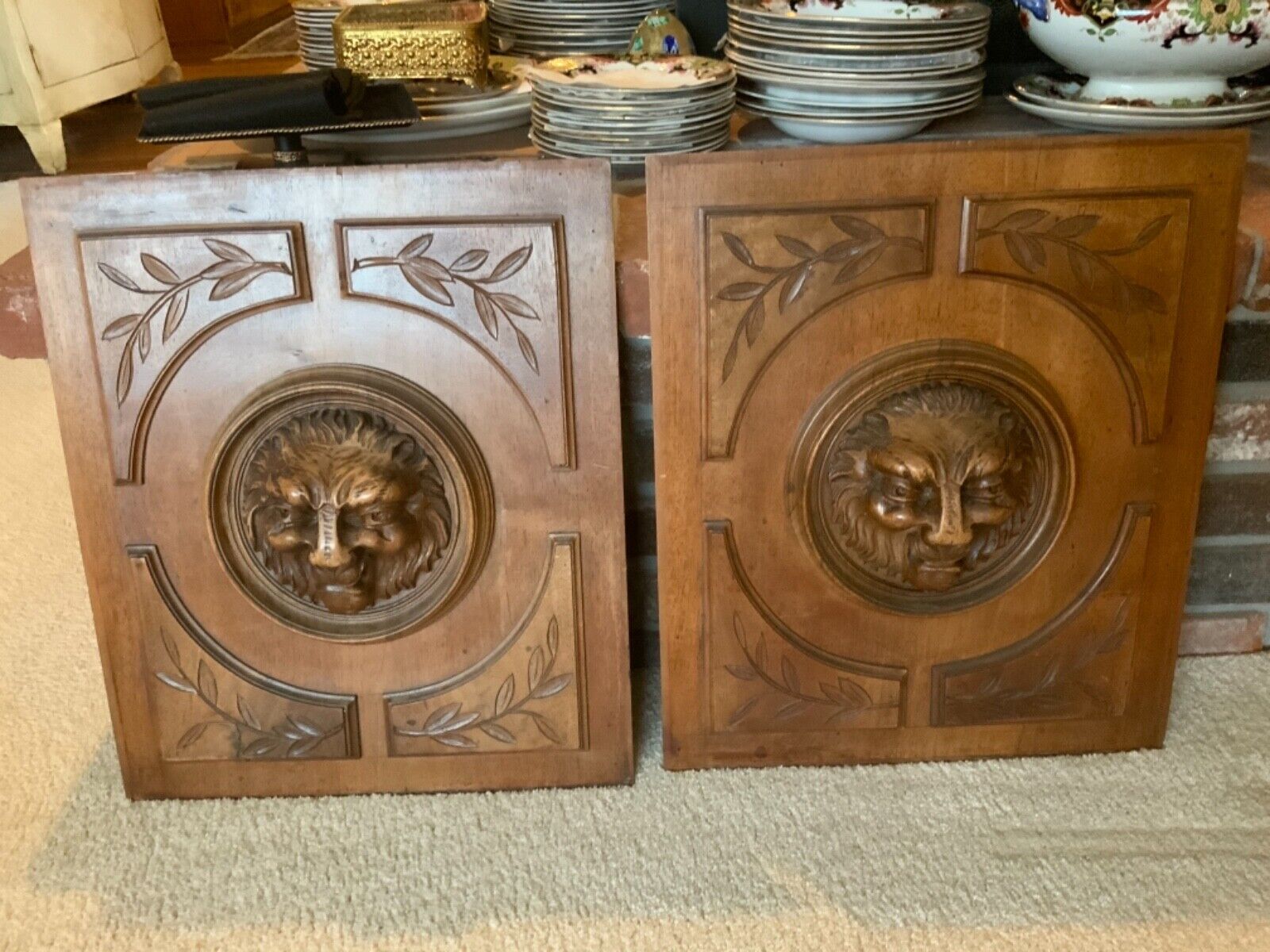 Pair Gorgeous French Architectural Mahogany Wood Door Panels Hand Carved Lions