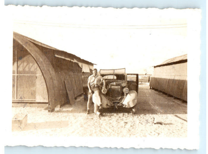 Vintage Photo 1946, WW2 US Navy Barracks, Antique Car  , 3.5 x 2.5
