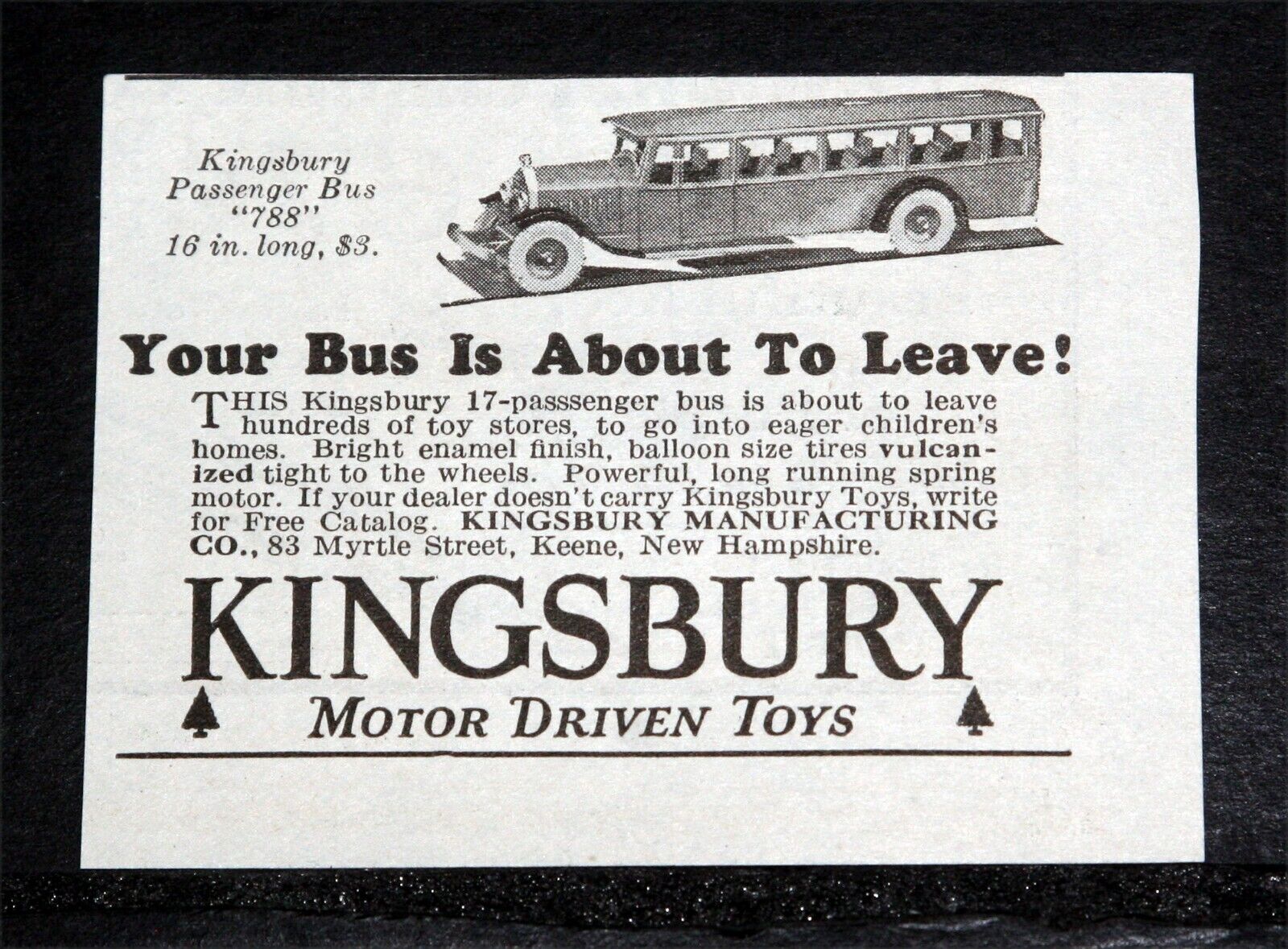 1926 OLD MAGAZINE PRINT AD, KINGSBURY MOTOR TOYS, 17 PASSENGER BUS, NO. 788